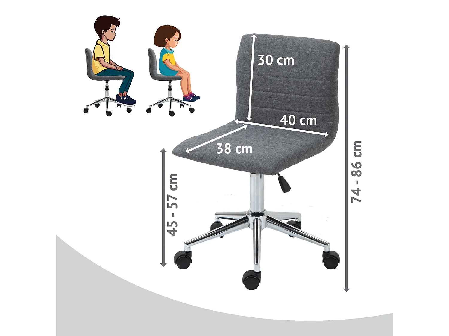 SVITA LINUS chaise de bureau chaise pivotante pour enfant chaise de bureau chambre d'enfant revêtement en tissu gris