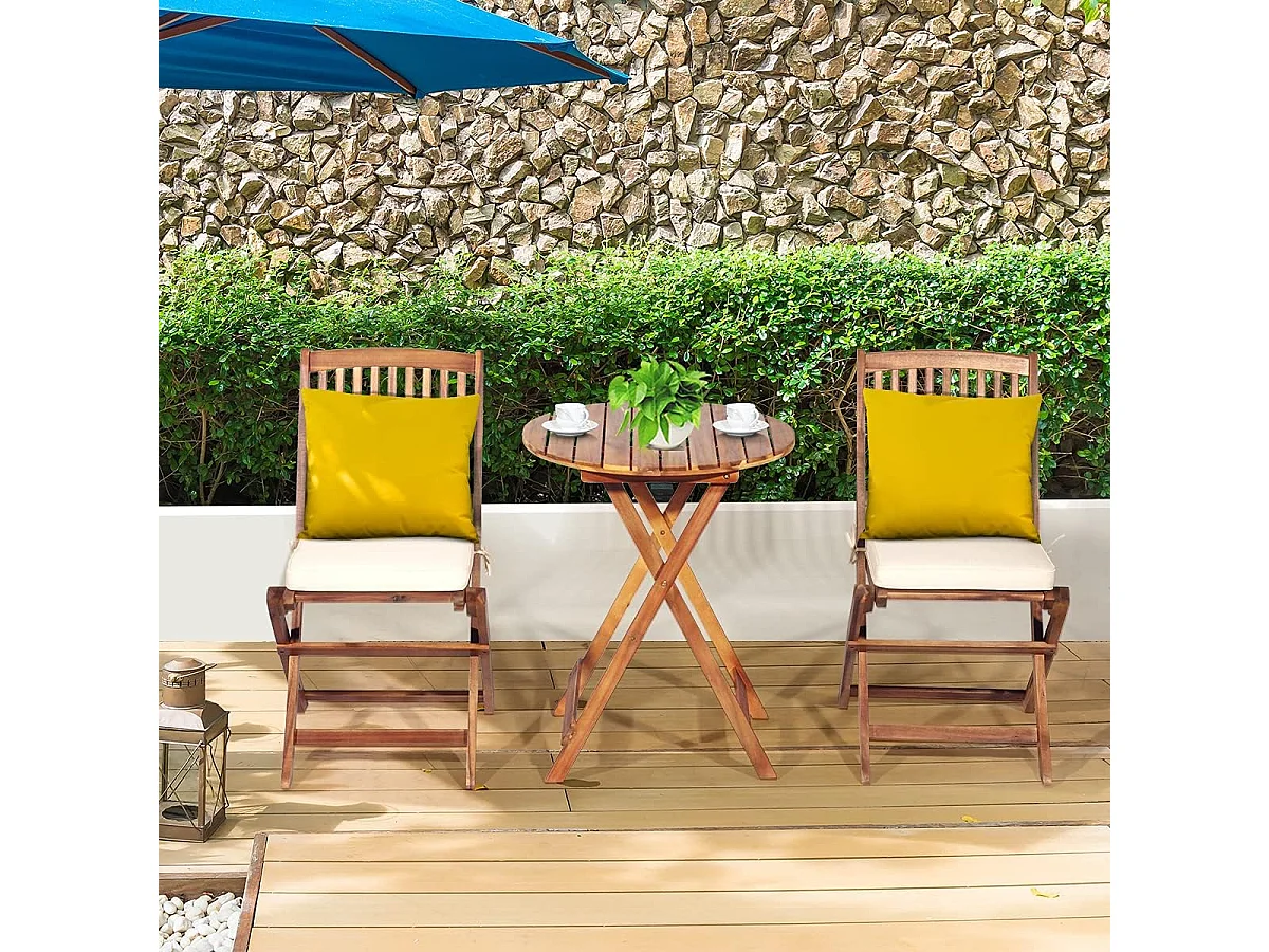 Ensemble de Table et Chaises Pliable, avec 2 Chaises et 1 Table Ronde en Bois d’Acacia pour Intérieur et Extérieur, Naturel