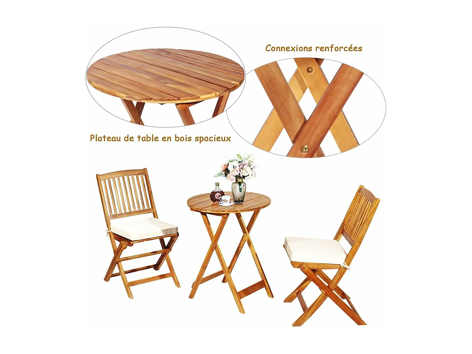 Ensemble de Table et Chaises Pliable, avec 2 Chaises et 1 Table Ronde en Bois d’Acacia pour Intérieur et Extérieur, Naturel