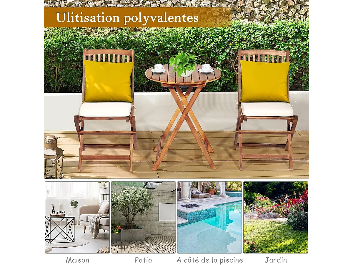 Ensemble de Table et Chaises Pliable, avec 2 Chaises et 1 Table Ronde en Bois d’Acacia pour Intérieur et Extérieur, Naturel