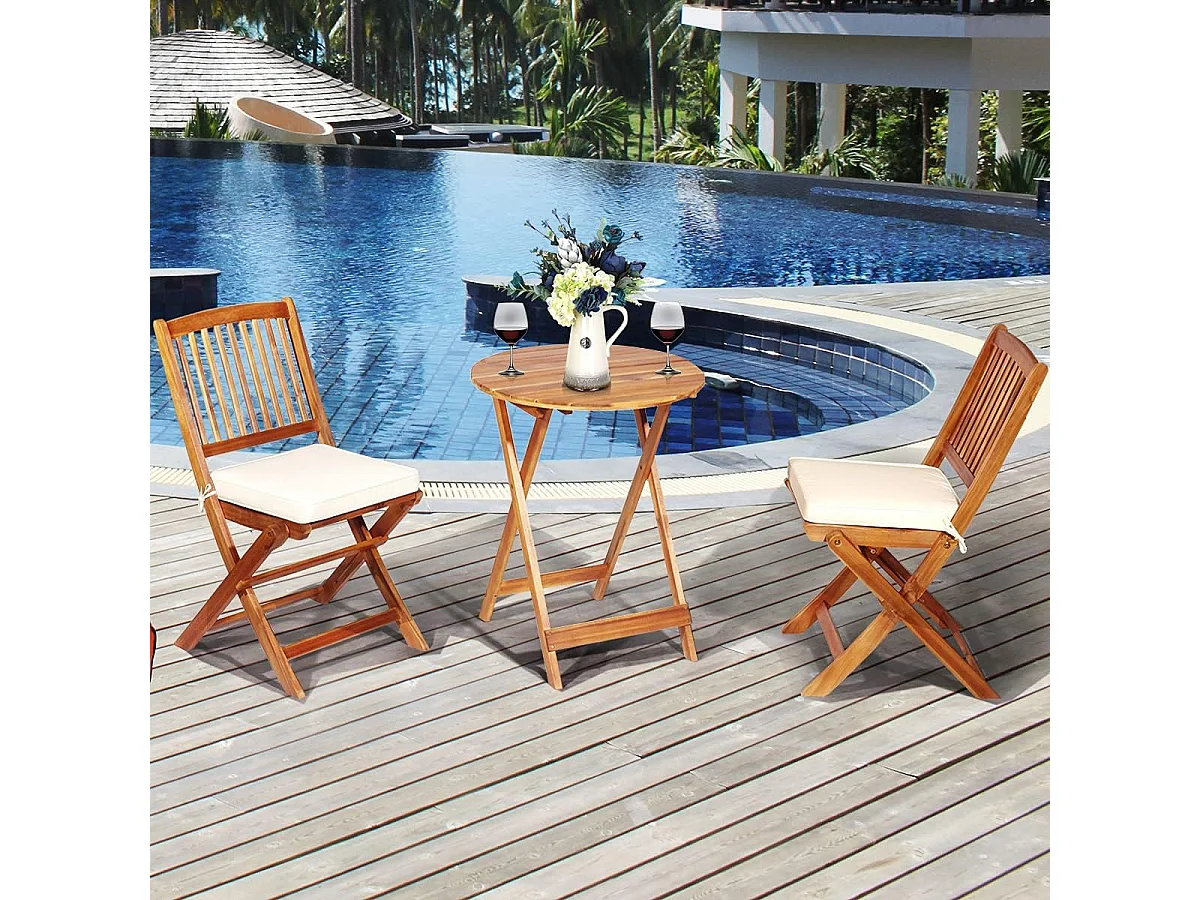 Ensemble de Table et Chaises Pliable, avec 2 Chaises et 1 Table Ronde en Bois d’Acacia pour Intérieur et Extérieur, Naturel