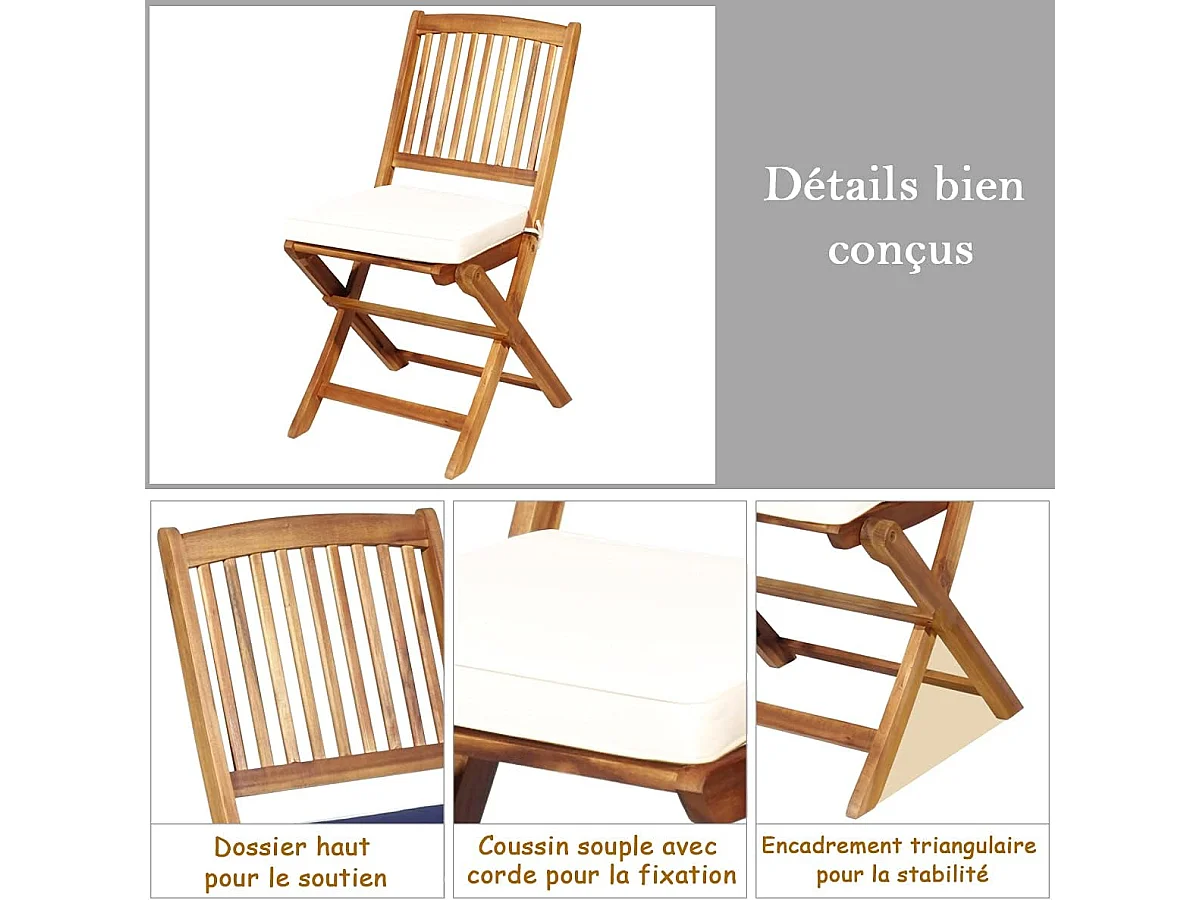 Ensemble de Table et Chaises Pliable, avec 2 Chaises et 1 Table Ronde en Bois d’Acacia pour Intérieur et Extérieur, Naturel