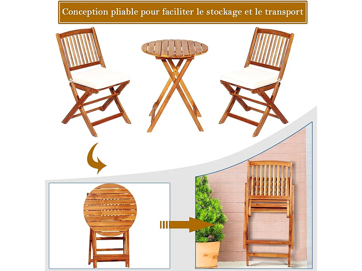 Ensemble de Table et Chaises Pliable, avec 2 Chaises et 1 Table Ronde en Bois d’Acacia pour Intérieur et Extérieur, Naturel