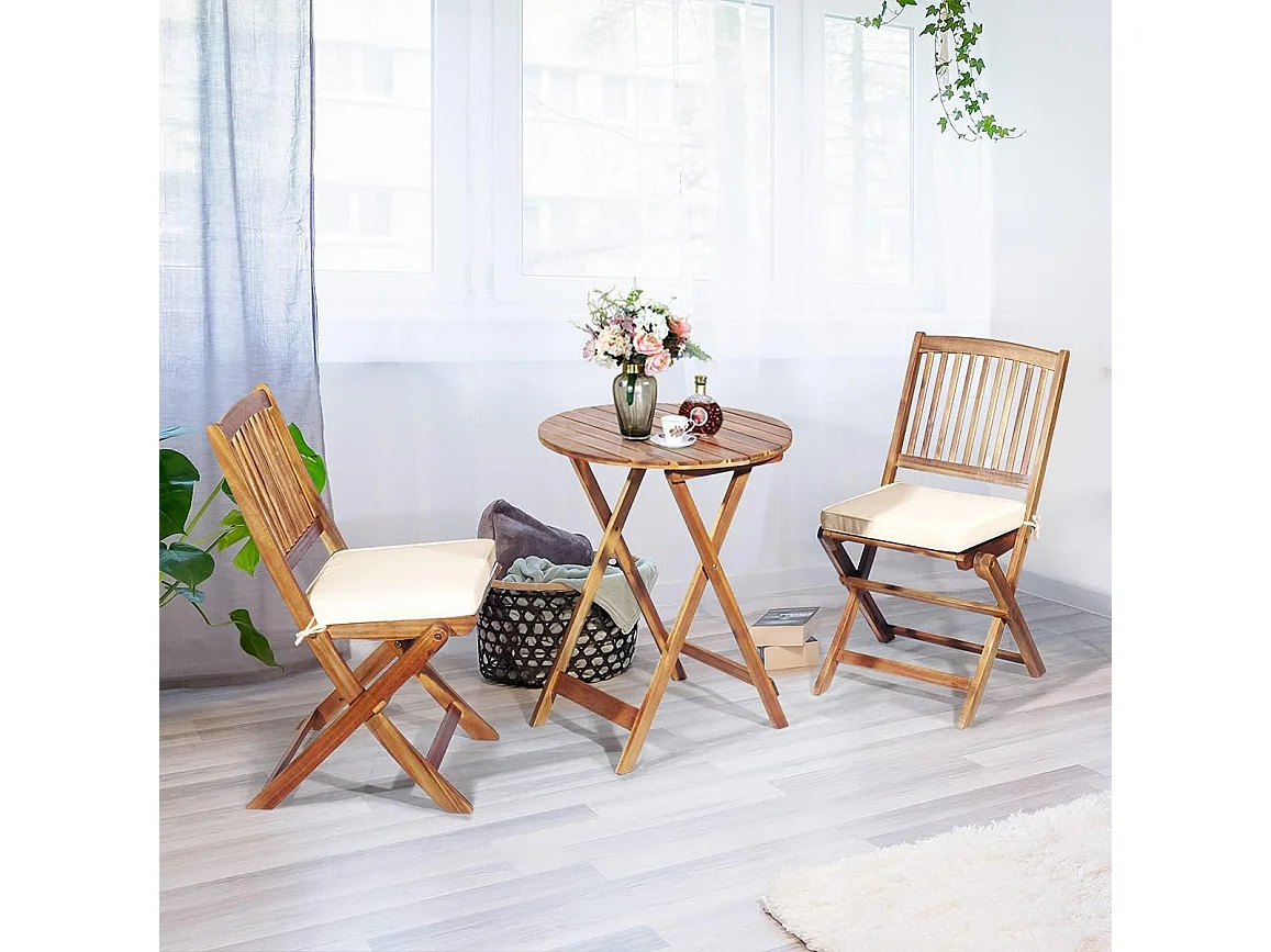Ensemble de Table et Chaises Pliable, avec 2 Chaises et 1 Table Ronde en Bois d’Acacia pour Intérieur et Extérieur, Naturel