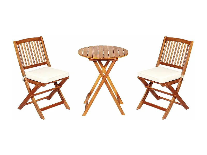 Ensemble de Table et Chaises Pliable, avec 2 Chaises et 1 Table Ronde en Bois d’Acacia pour Intérieur et Extérieur, Naturel