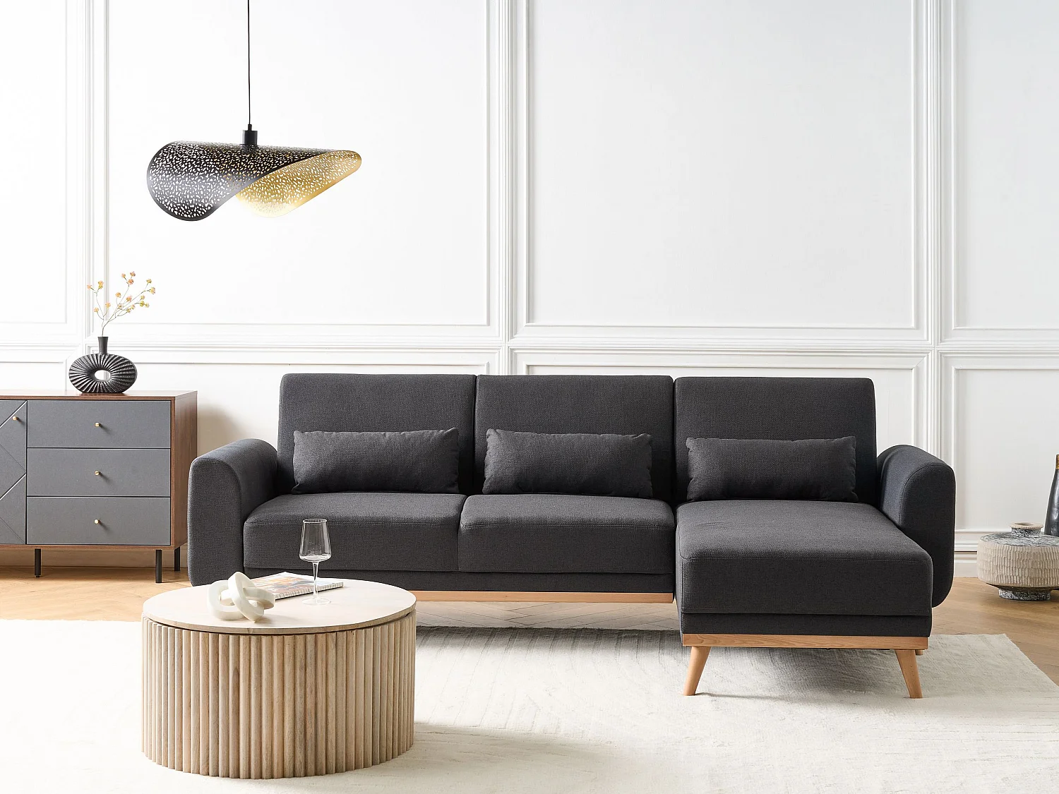 3-Sitzer Ecksofa mit Schlaffunktion Stoff schwarz linksseitig gepolstert Ollsta