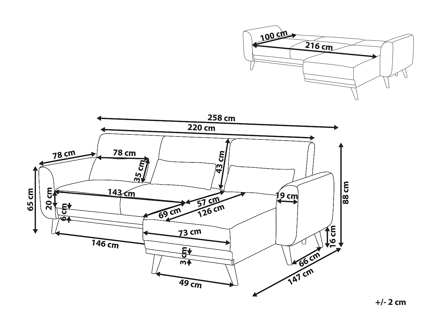 3-Sitzer Ecksofa mit Schlaffunktion Stoff schwarz linksseitig gepolstert Ollsta