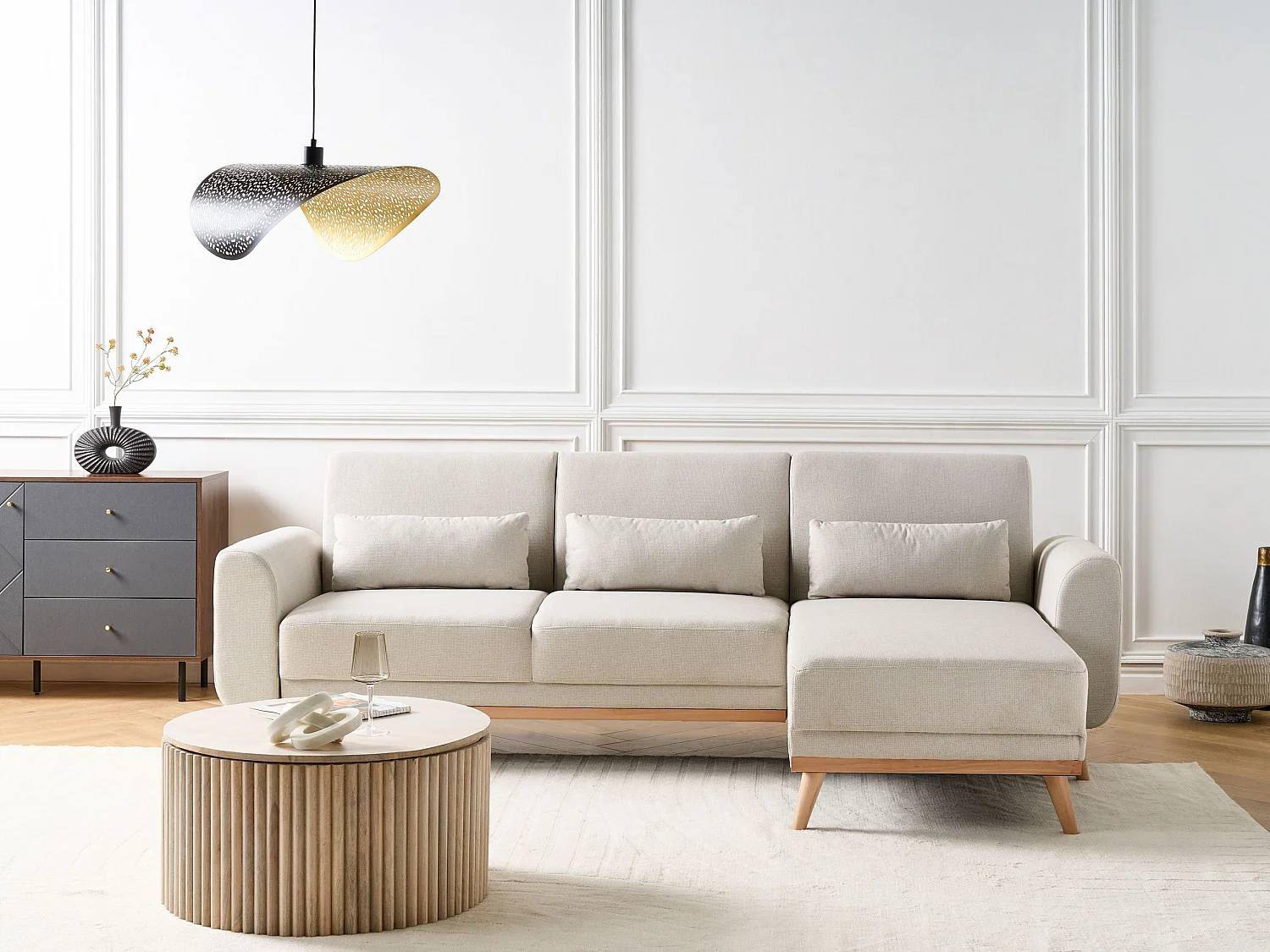 3-Sitzer Ecksofa mit Schlaffunktion Stoff beige linksseitig gepolstert Ollsta