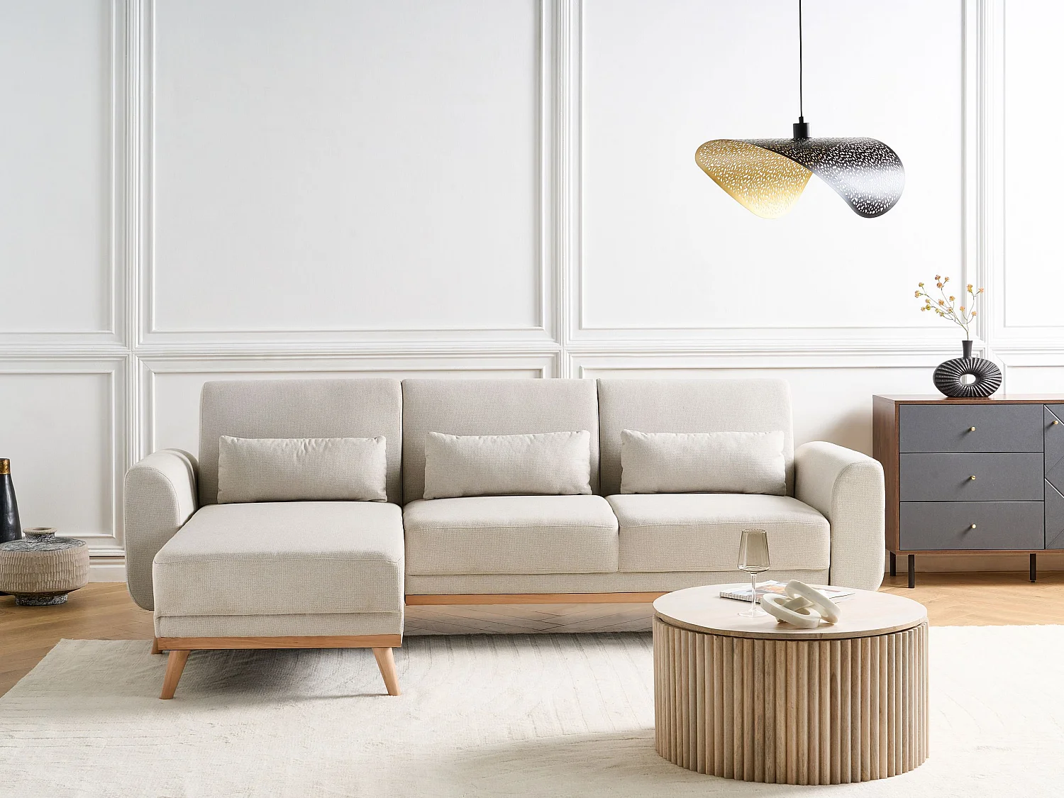 Hoekslaapbank OLLSTA Stof Lichtbeige 3-zitter Rechterzijde