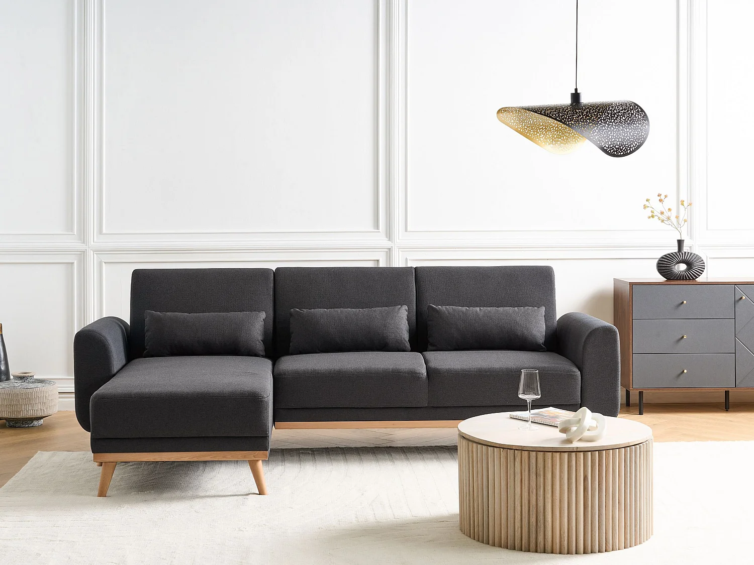 3-Sitzer Ecksofa mit Schlaffunktion Stoff schwarz rechtsseitig gepolstert Ollsta