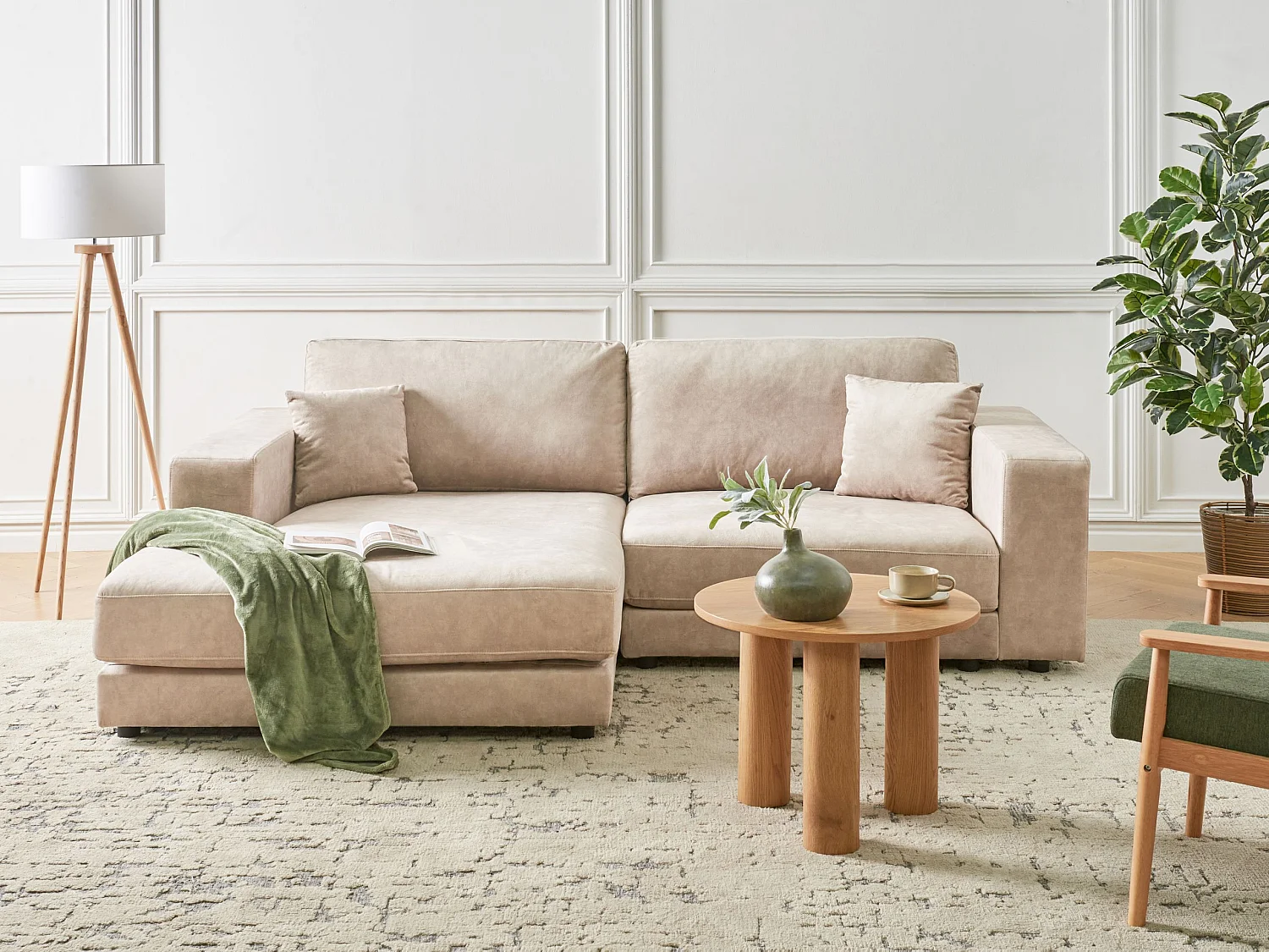 Canapé d'angle LOFOTEN Velours Beige 3 places Côté droit