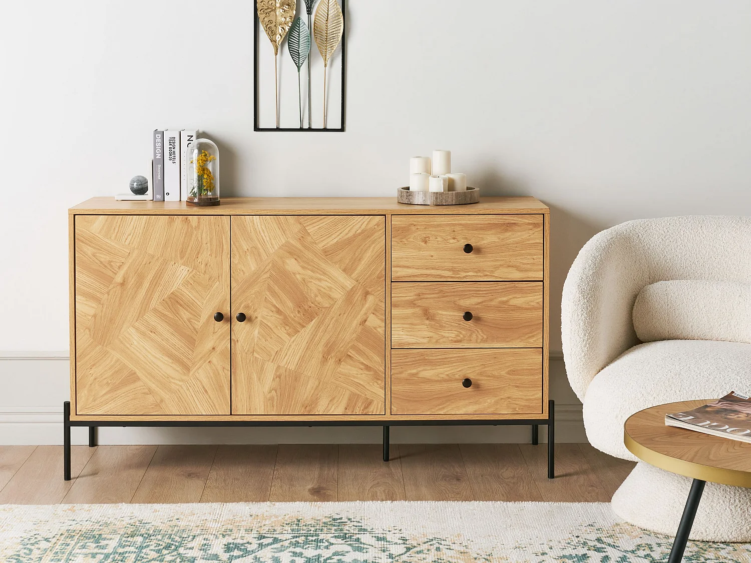 Sideboard mit 3 Schubladen heller Holzfarbton schwarze Beine modern Arizona