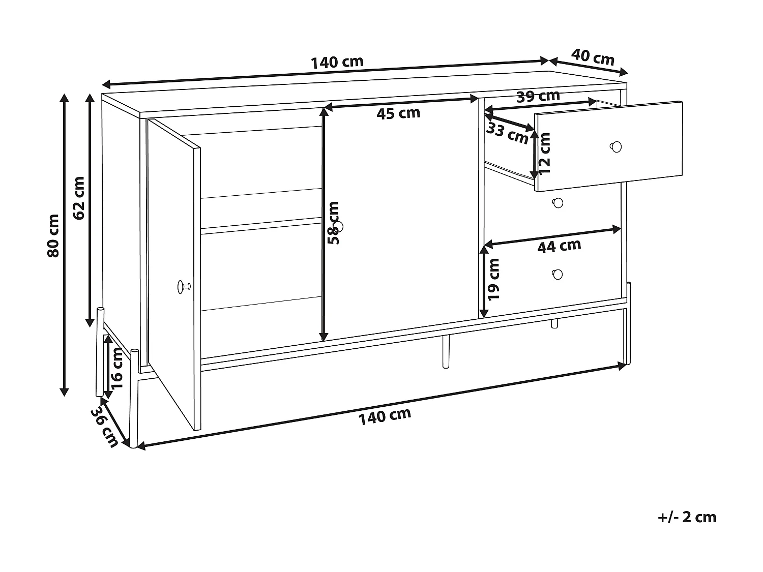 Sideboard mit 3 Schubladen heller Holzfarbton schwarze Beine modern Arizona