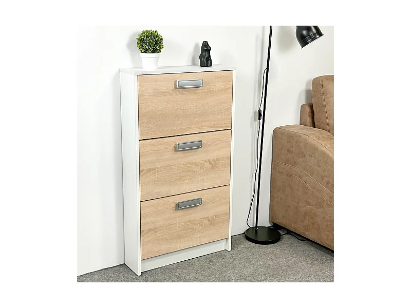 Meyvaser - Zapatero 3 Puertas, Zapatero Estrecho, Acabado en Color Blanco y Roble, Medidas: 108 cm (Alto) x 60 cm (Ancho) x 17 cm (Fondo)