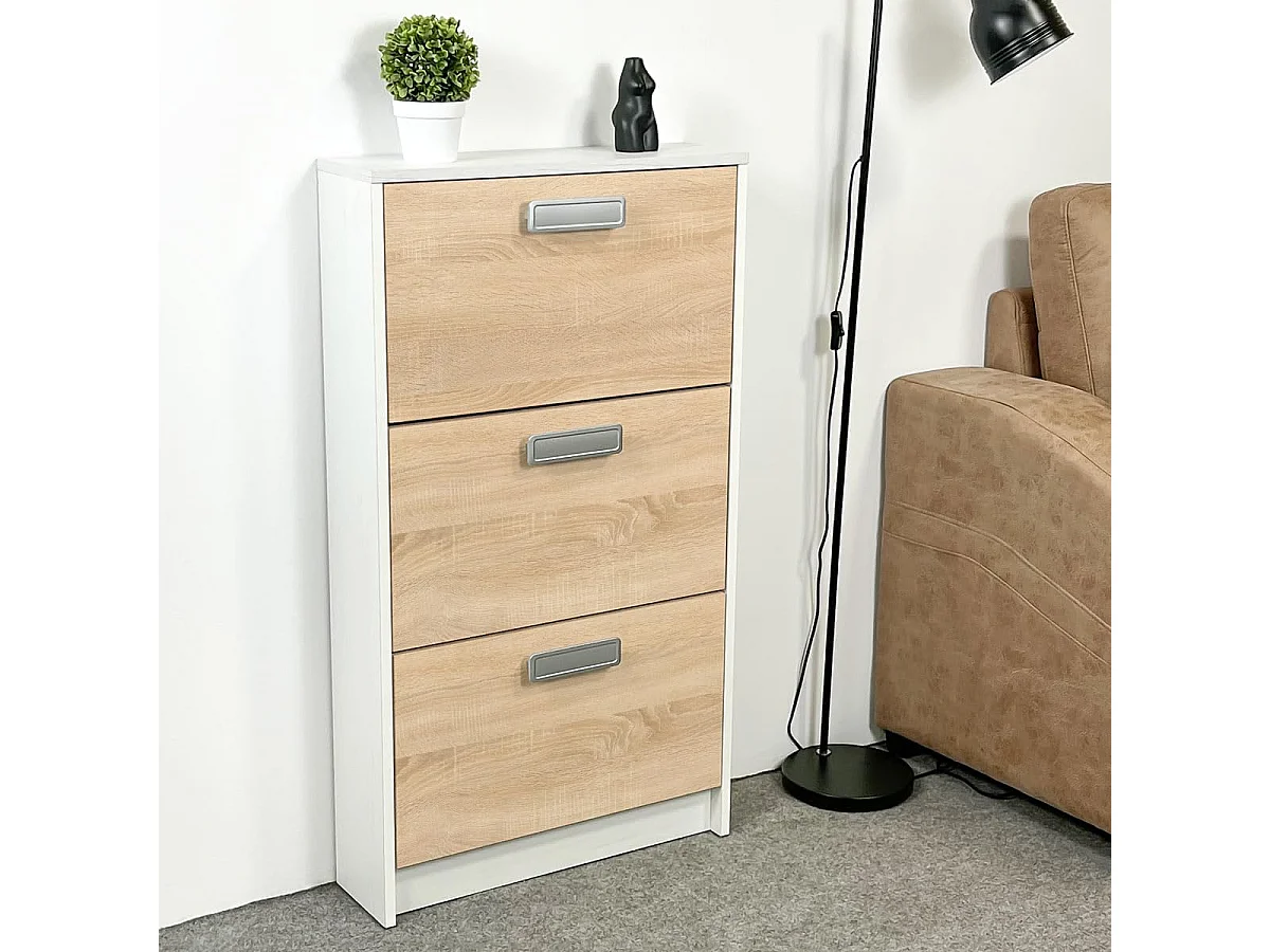 Meyvaser - Zapatero 3 Puertas, Zapatero Estrecho, Acabado en Color Blanco y Roble, Medidas: 108 cm (Alto) x 60 cm (Ancho) x 17 cm (Fondo)