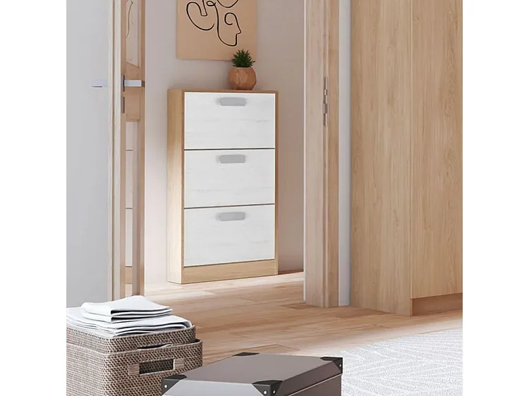 Meyvaser - Zapatero 3 Puertas, Zapatero Estrecho, Acabado en Color Roble y blanco, Medidas: 108 cm (Alto) x 60 cm (Ancho) x 17 cm (Fondo)