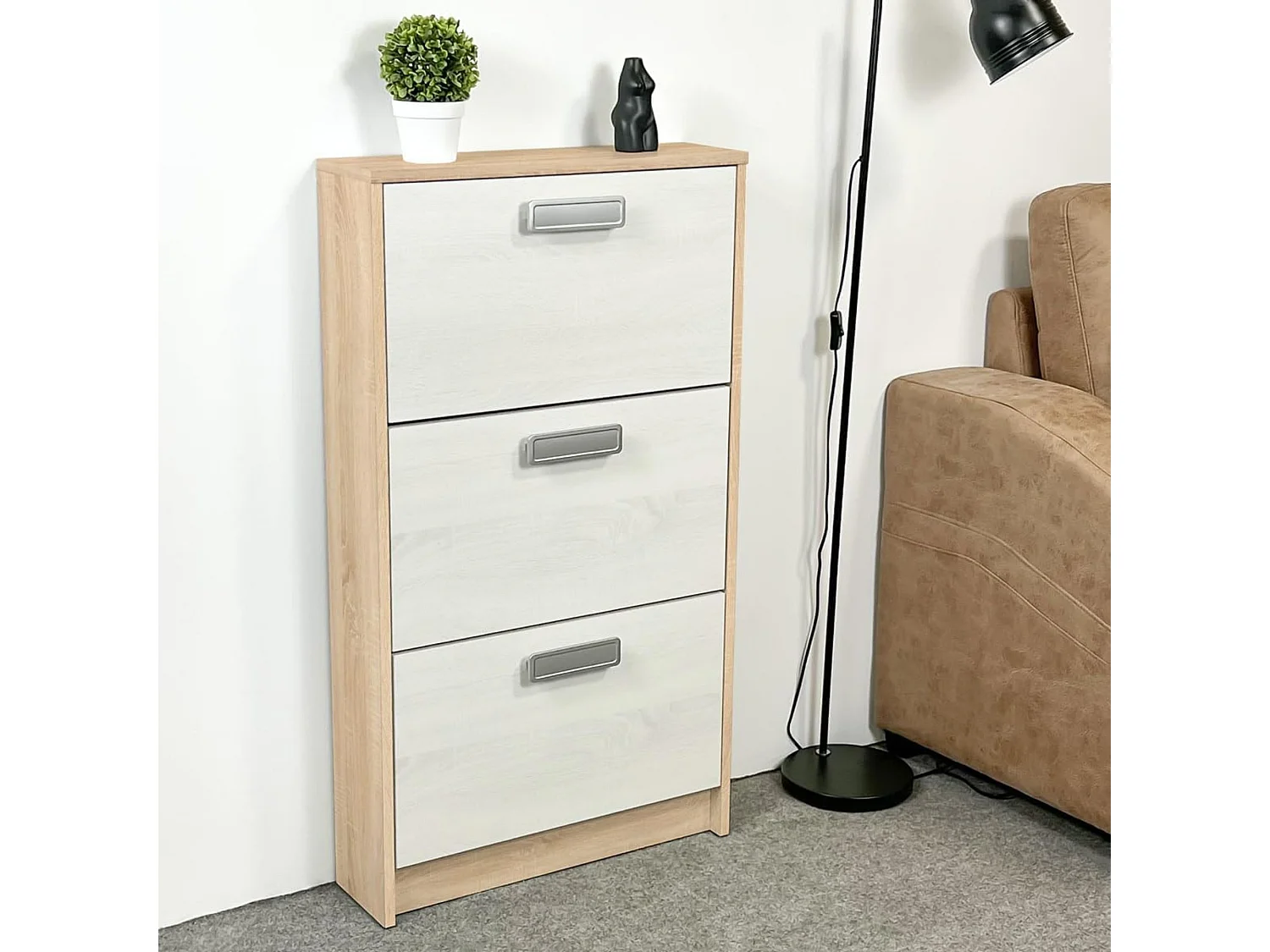 Meyvaser - Zapatero 3 Puertas, Zapatero Estrecho, Acabado en Color Roble y blanco, Medidas: 108 cm (Alto) x 60 cm (Ancho) x 17 cm (Fondo)