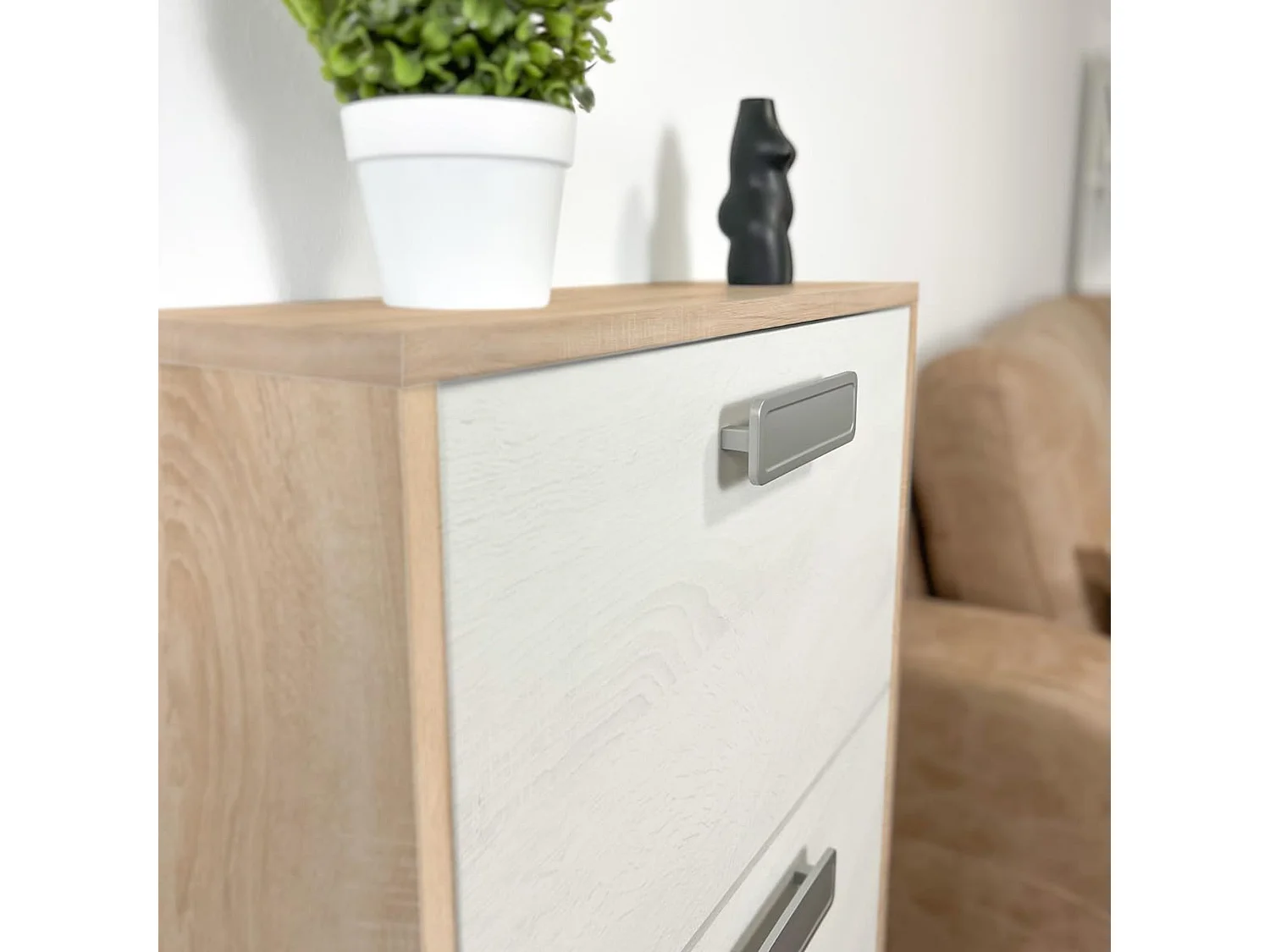 Meyvaser - Zapatero 3 Puertas, Zapatero Estrecho, Acabado en Color Roble y blanco, Medidas: 108 cm (Alto) x 60 cm (Ancho) x 17 cm (Fondo)