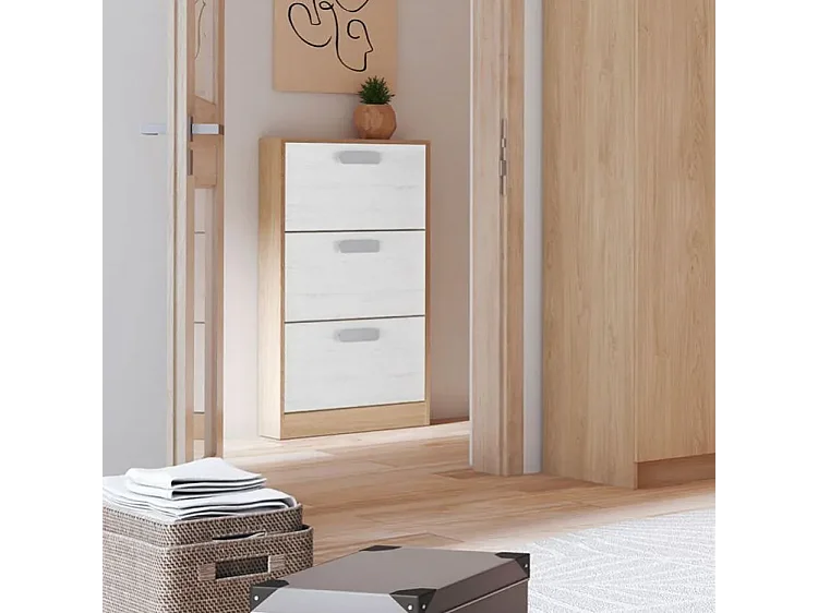 Meyvaser - Zapatero 3 Puertas, Zapatero Estrecho, Acabado en Color Roble y blanco, Medidas: 108 cm (Alto) x 60 cm (Ancho) x 17 cm (Fondo)