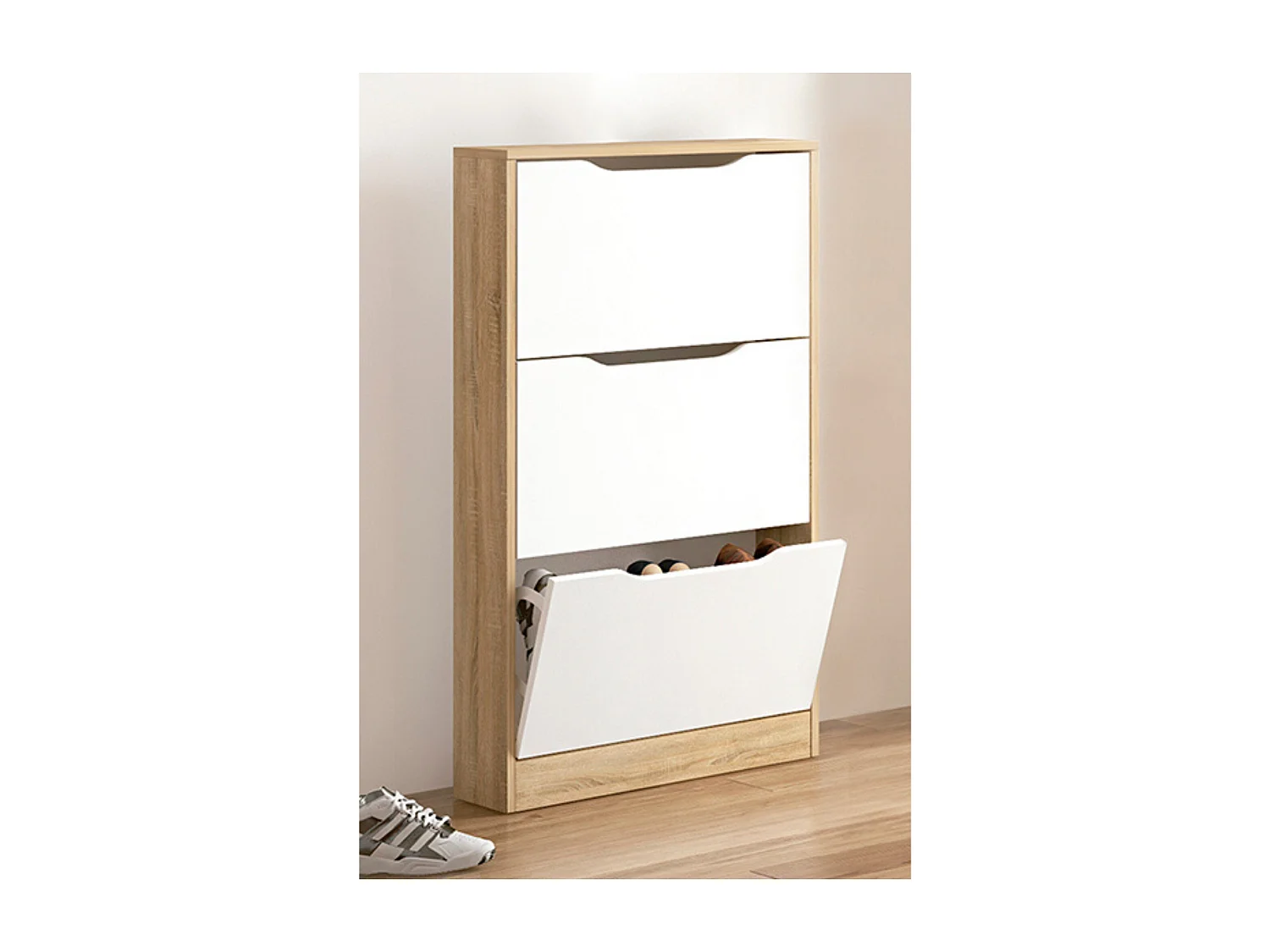 Meyvaser - Mueble Zapatero con 3 Puertas, Estrecho, Color Cambria y Blanco, Medidas: 107 cm (Alto) x 60 cm (Ancho) x 17,3 cm (Fondo)