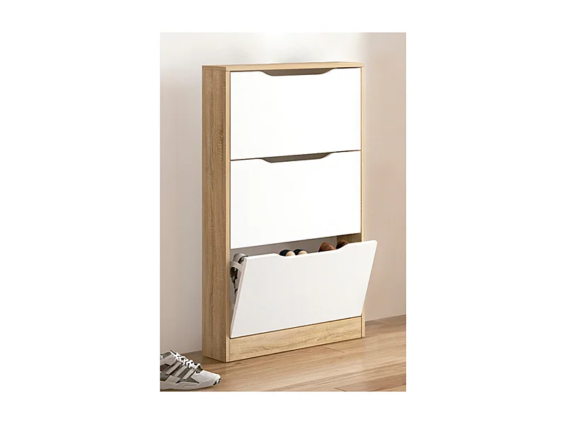 Meyvaser - Mueble Zapatero con 3 Puertas, Estrecho, Color Cambria y Blanco, Medidas: 107 cm (Alto) x 60 cm (Ancho) x 17,3 cm (Fondo)