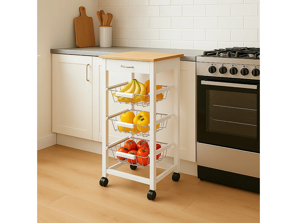 Meyvaser - Carro de Cocina con Ruedas 37x37x85 Blanco Tapa Madera Oporto 6