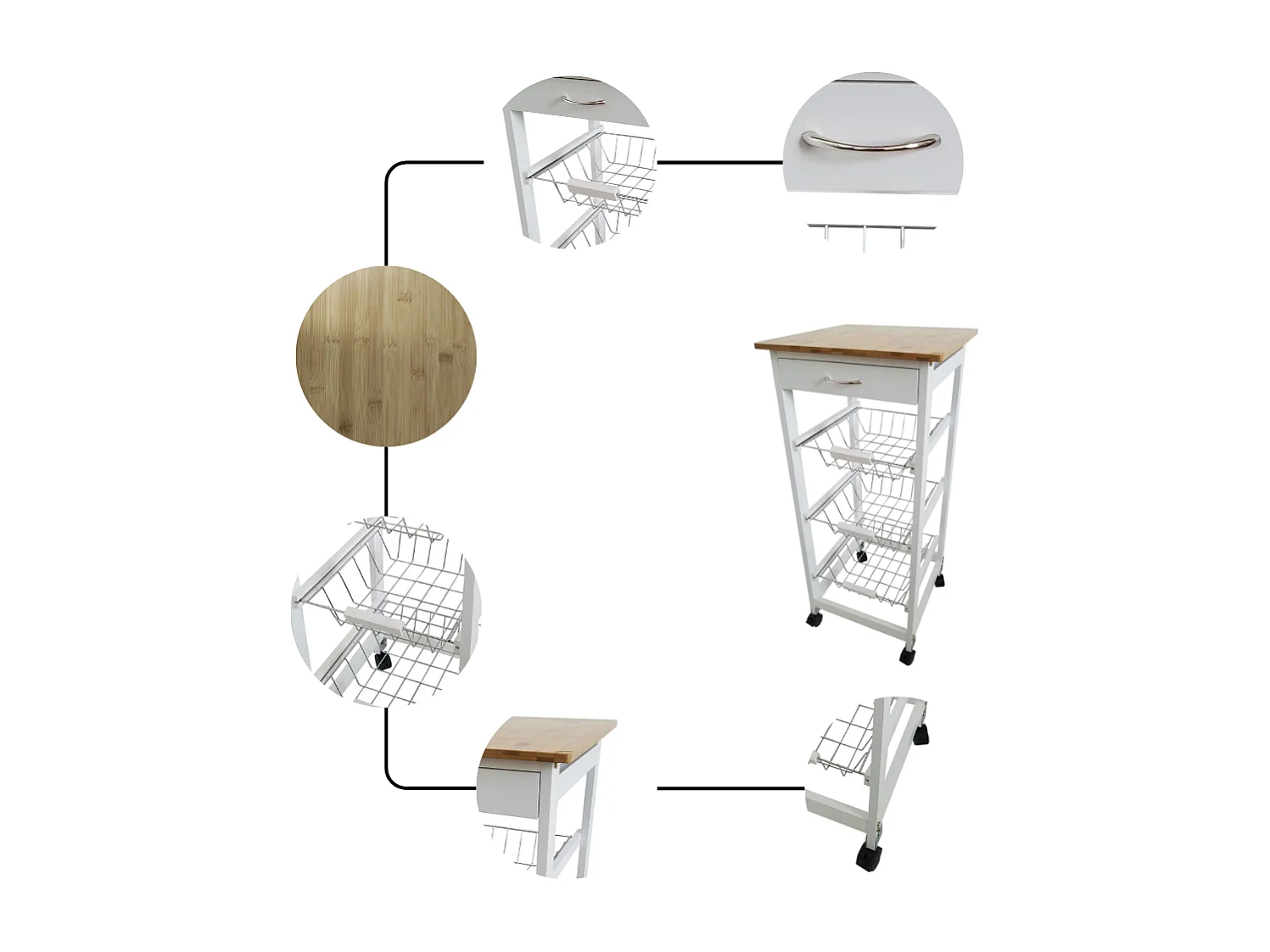 Meyvaser - Carro de Cocina con Ruedas 37x37x85 Blanco Tapa Madera Oporto 6