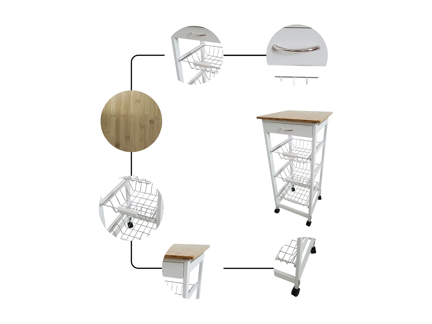 Meyvaser - Carro de Cocina con Ruedas 37x37x85 Blanco Tapa Madera Oporto 6