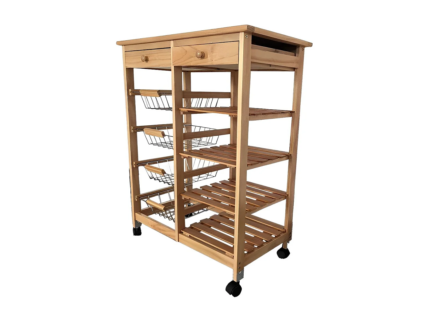 Meyvaser - Carro de cocina con ruedas doble con 4 cestas 4 baldas y 2 Cajones con ruedas Color miel 85 x 67 x 37 Cm