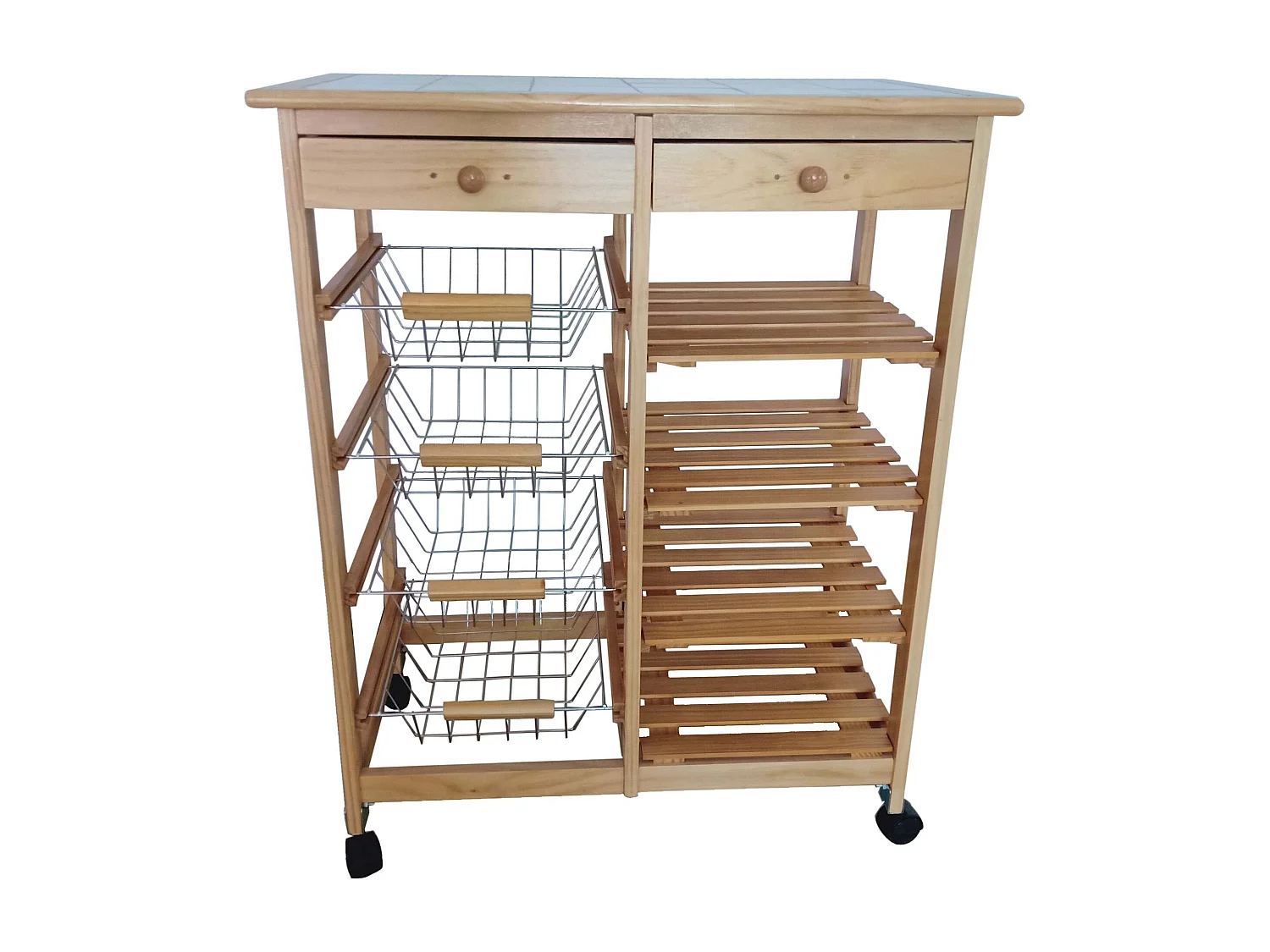 Meyvaser - Carro de cocina con ruedas doble con 4 cestas 4 baldas y 2 Cajones con ruedas Color miel 85 x 67 x 37 Cm