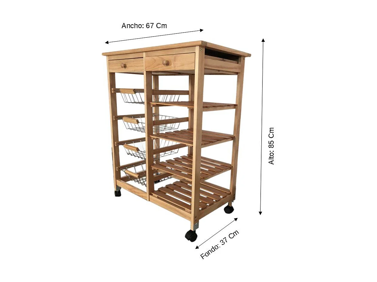 Meyvaser - Carro de cocina con ruedas doble con 4 cestas 4 baldas y 2 Cajones con ruedas Color miel 85 x 67 x 37 Cm