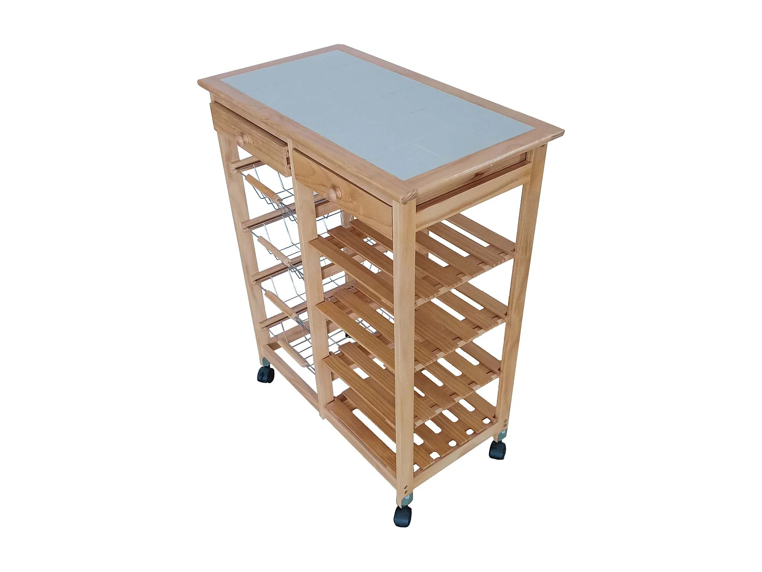 Meyvaser - Carro de cocina con ruedas doble con 4 cestas 4 baldas y 2 Cajones con ruedas Color miel 85 x 67 x 37 Cm