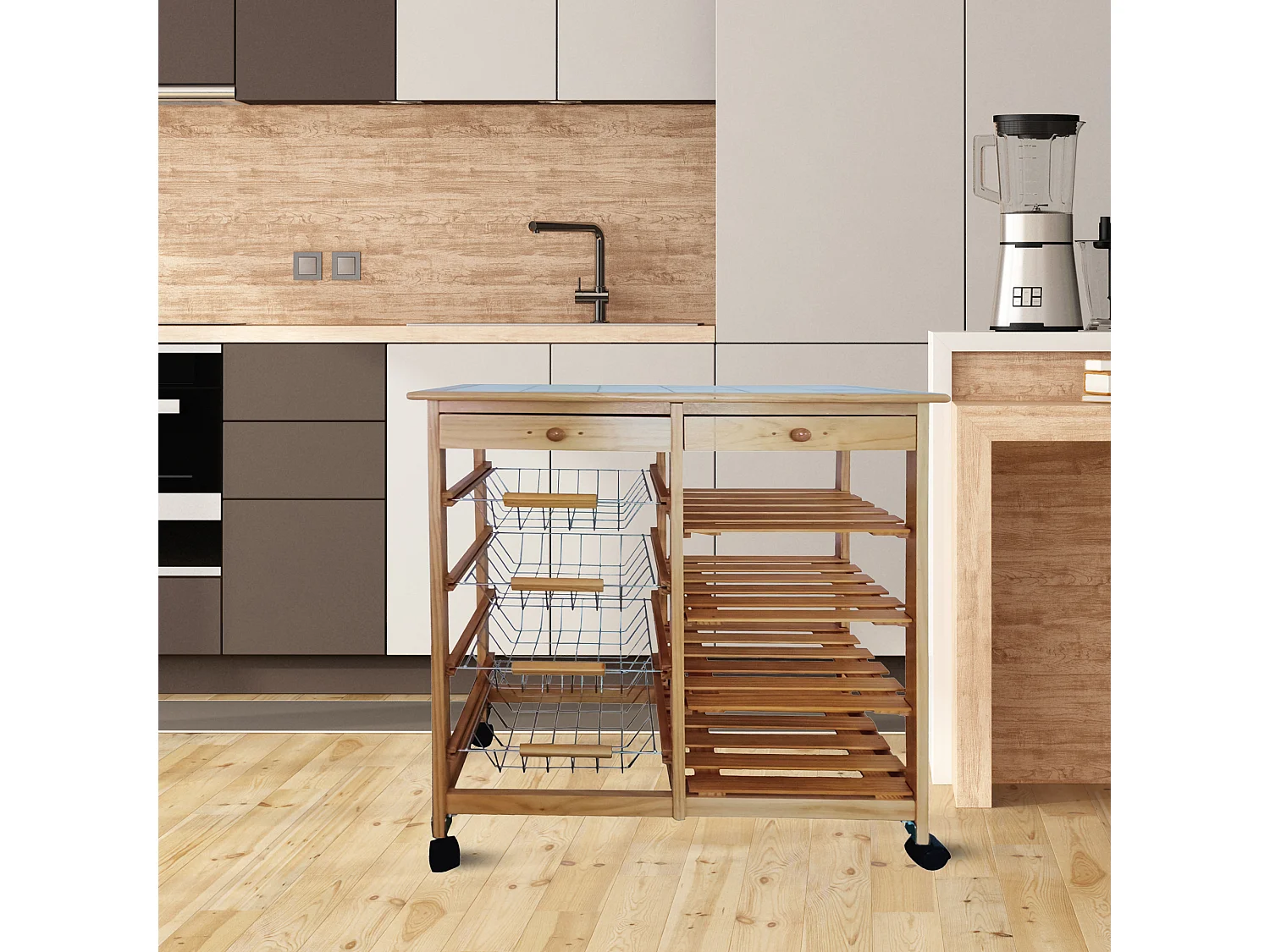 Meyvaser - Carro de cocina con ruedas doble con 4 cestas 4 baldas y 2 Cajones con ruedas Color miel 85 x 67 x 37 Cm