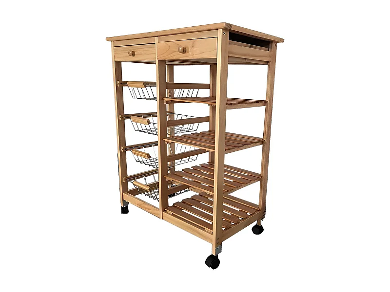 Meyvaser - Carro de cocina con ruedas doble con 4 cestas 4 baldas y 2 Cajones con ruedas Color miel 85 x 67 x 37 Cm