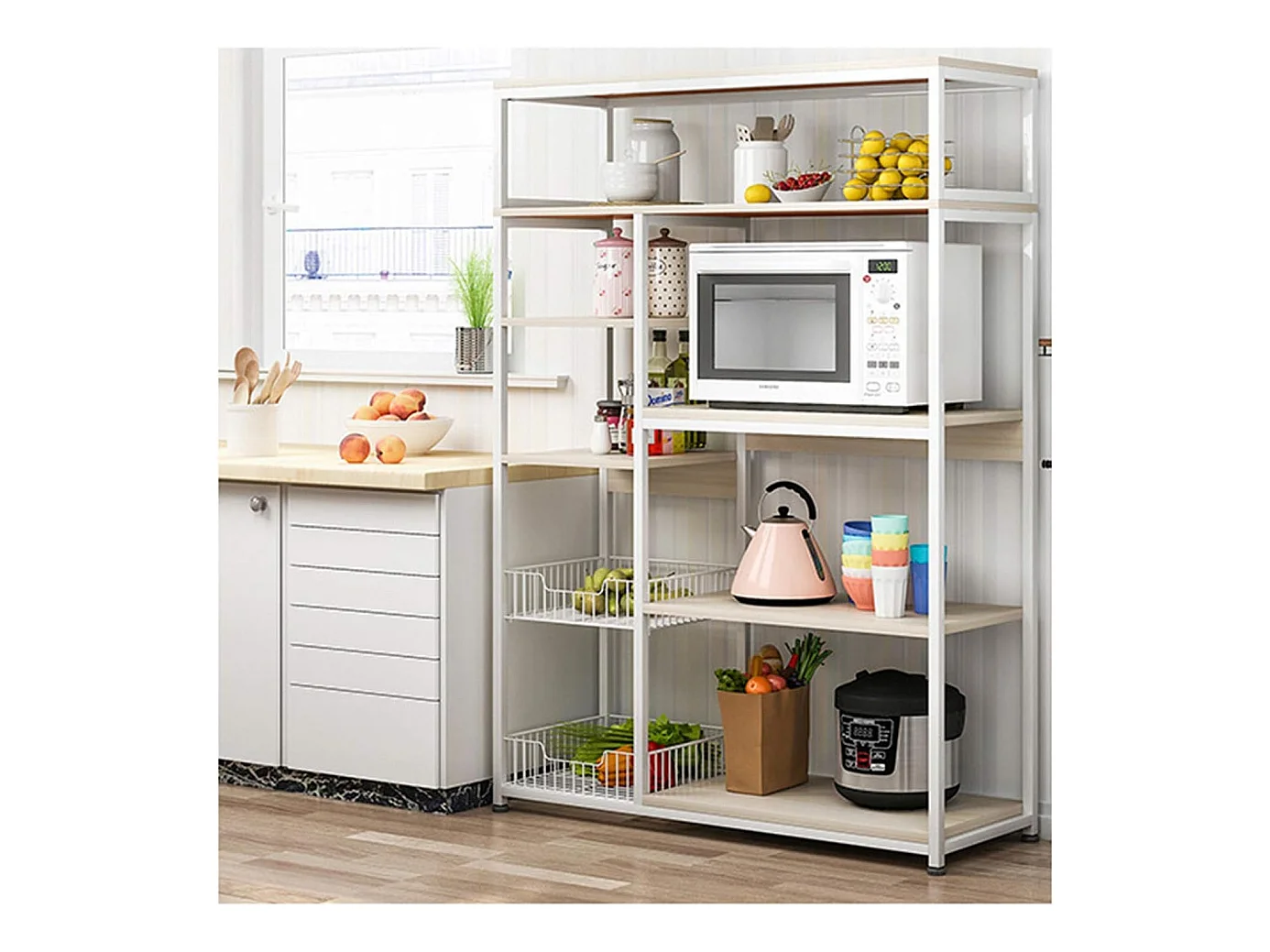 Estantería de Cocina, Estantería para Microondas, Estante Abierto de Pie 2 Mallas metálicas y múltiples Estantes 80x30x142cm, Color Blanco y Madera