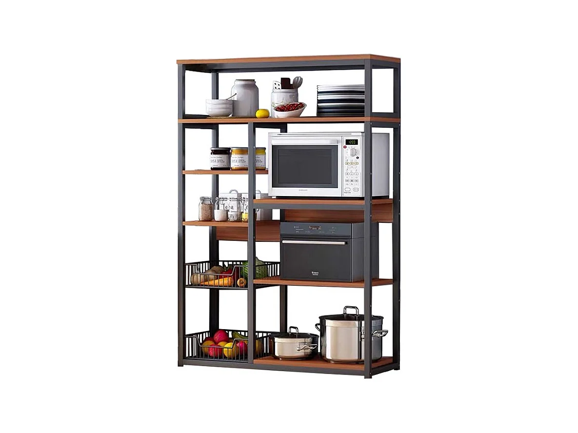 Estantería de Cocina, Estantería para Microondas, Estante Abierto de Pie 2 Mallas metálicas y múltiples Estantes 80x30x142cm, Color Blanco y Madera