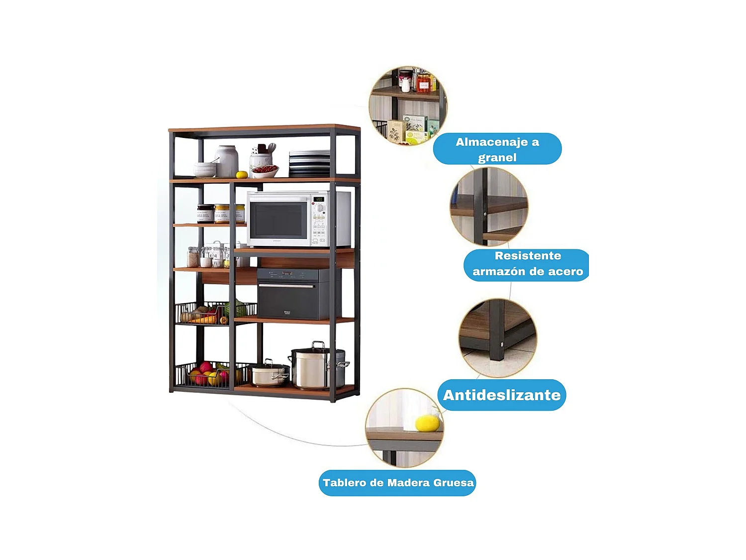 Estantería de Cocina, Estantería para Microondas, Estante Abierto de Pie 2 Mallas metálicas y múltiples Estantes 80x30x142cm, Color Blanco y Madera