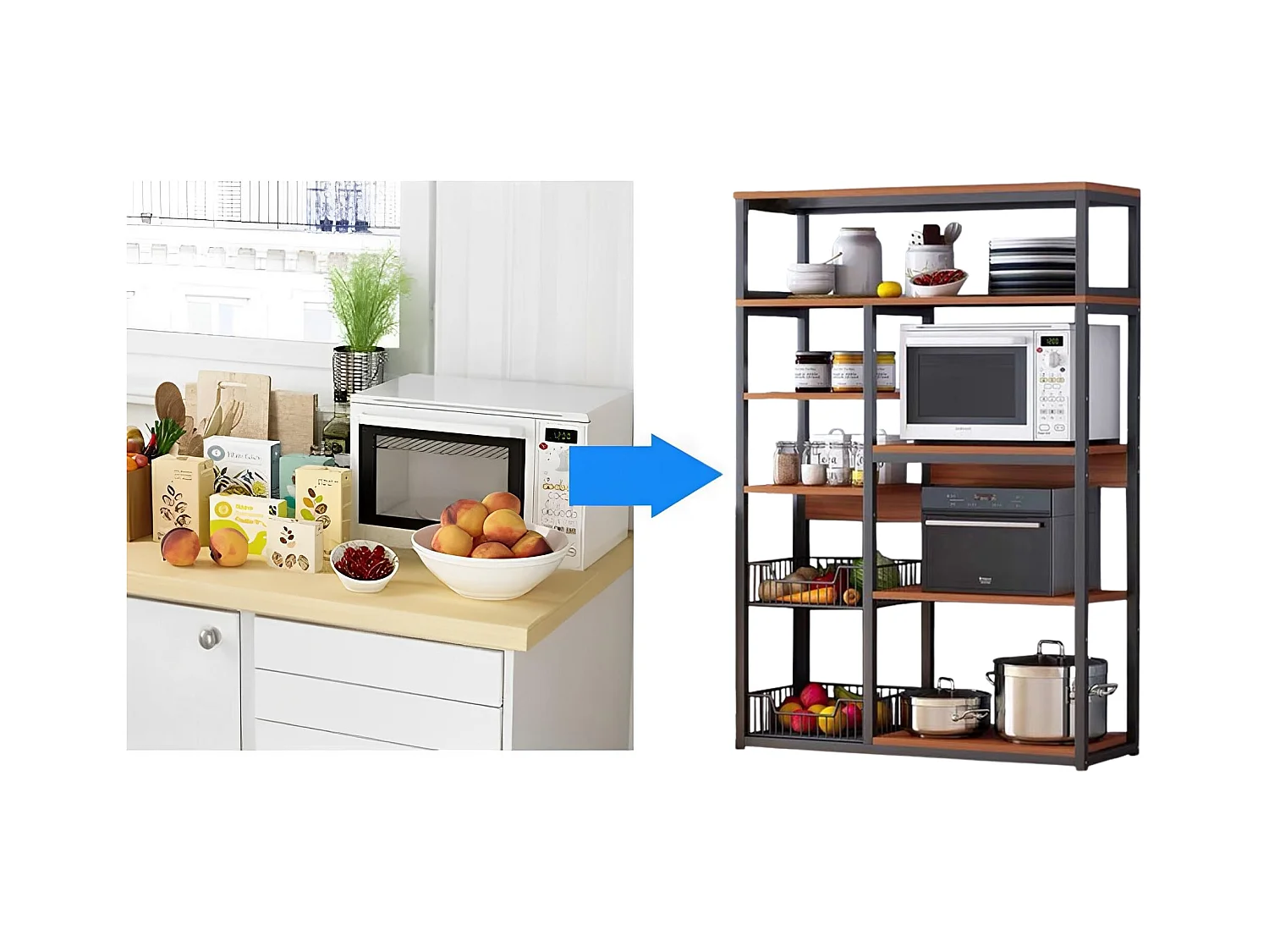 Estantería de Cocina, Estantería para Microondas, Estante Abierto de Pie 2 Mallas metálicas y múltiples Estantes 80x30x142cm, Color Blanco y Madera