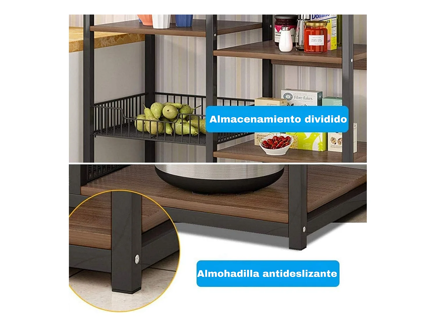 Estantería de Cocina, Estantería para Microondas, Estante Abierto de Pie 2 Mallas metálicas y múltiples Estantes 80x30x142cm, Color Blanco y Madera