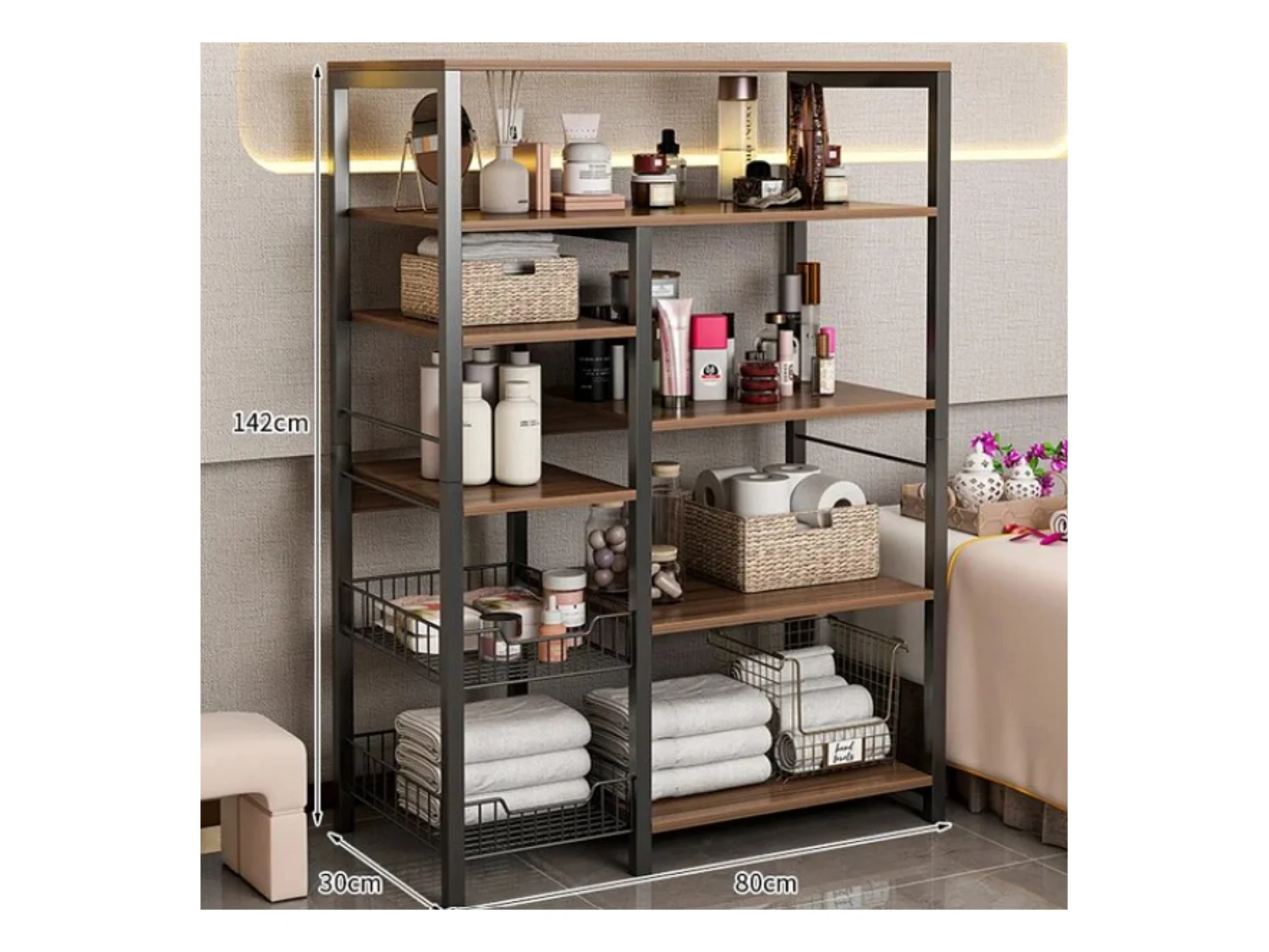 Estantería de Cocina, Estantería para Microondas, Estante Abierto de Pie 2 Mallas metálicas y múltiples Estantes 80x30x142cm, Color Blanco y Madera