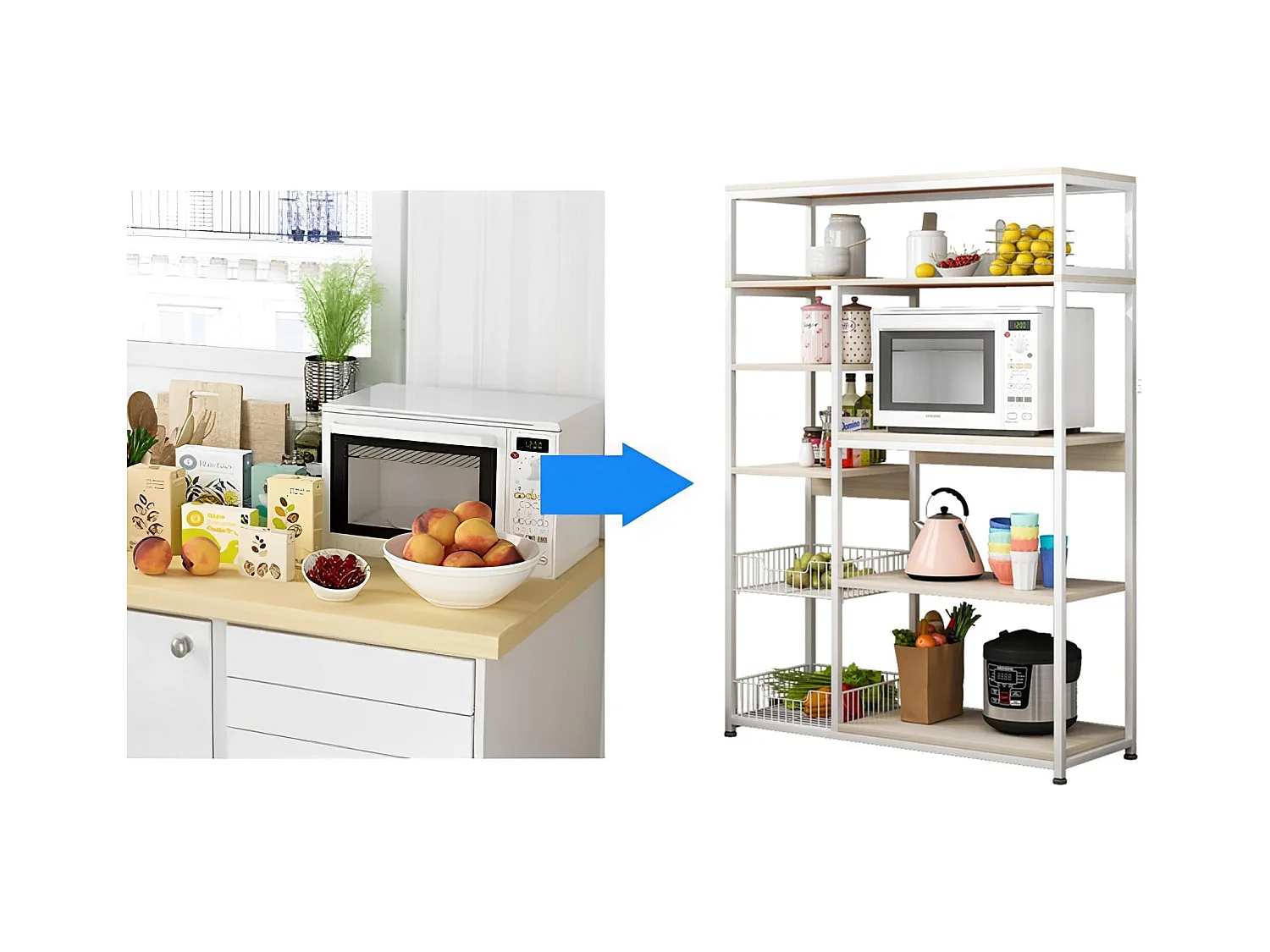 Estantería de Cocina, Estantería para Microondas, Estante Abierto de Pie 2 Mallas metálicas y múltiples Estantes 80x30x142cm, Color Blanco y Madera