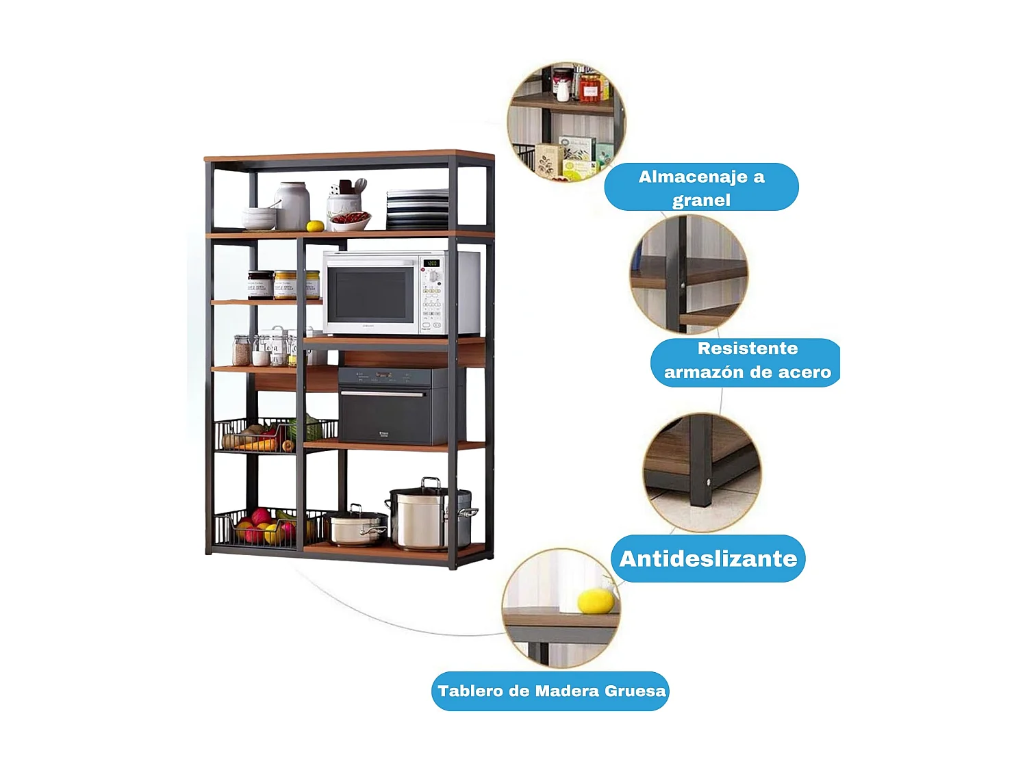 Estantería de Cocina, Estantería para Microondas, Estante Abierto de Pie 2 Mallas metálicas y múltiples Estantes 80x30x142cm, Color Blanco y Madera