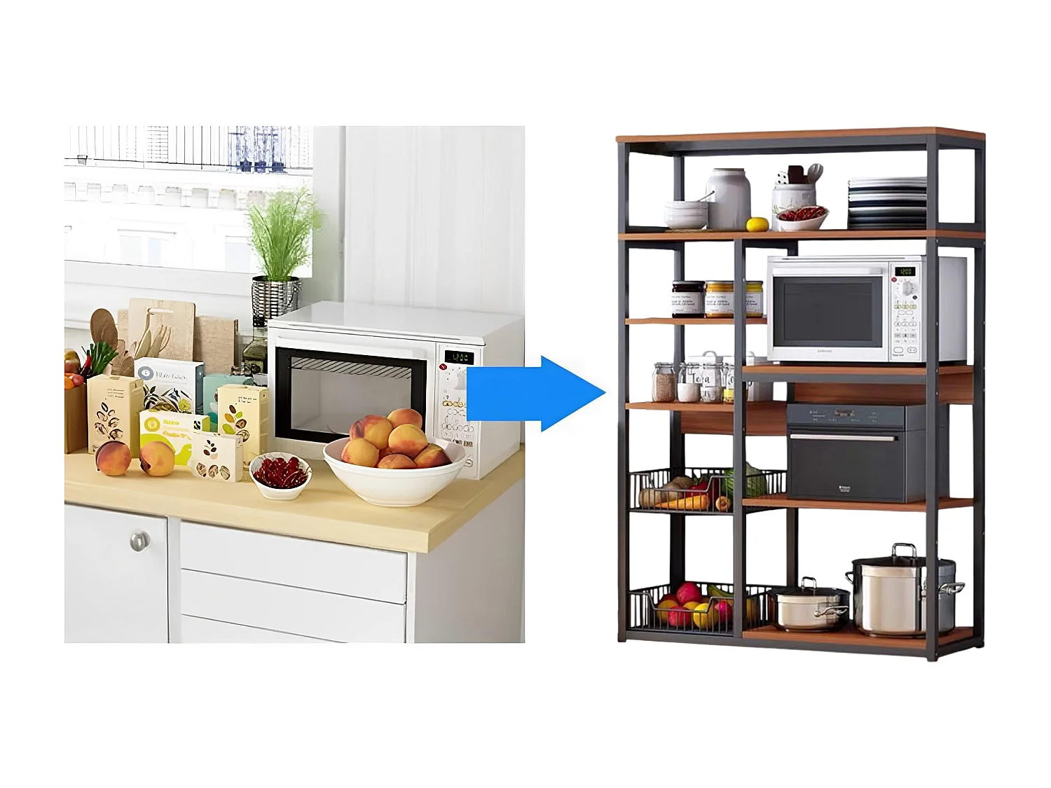 Estantería de Cocina, Estantería para Microondas, Estante Abierto de Pie 2 Mallas metálicas y múltiples Estantes 80x30x142cm, Color Blanco y Madera