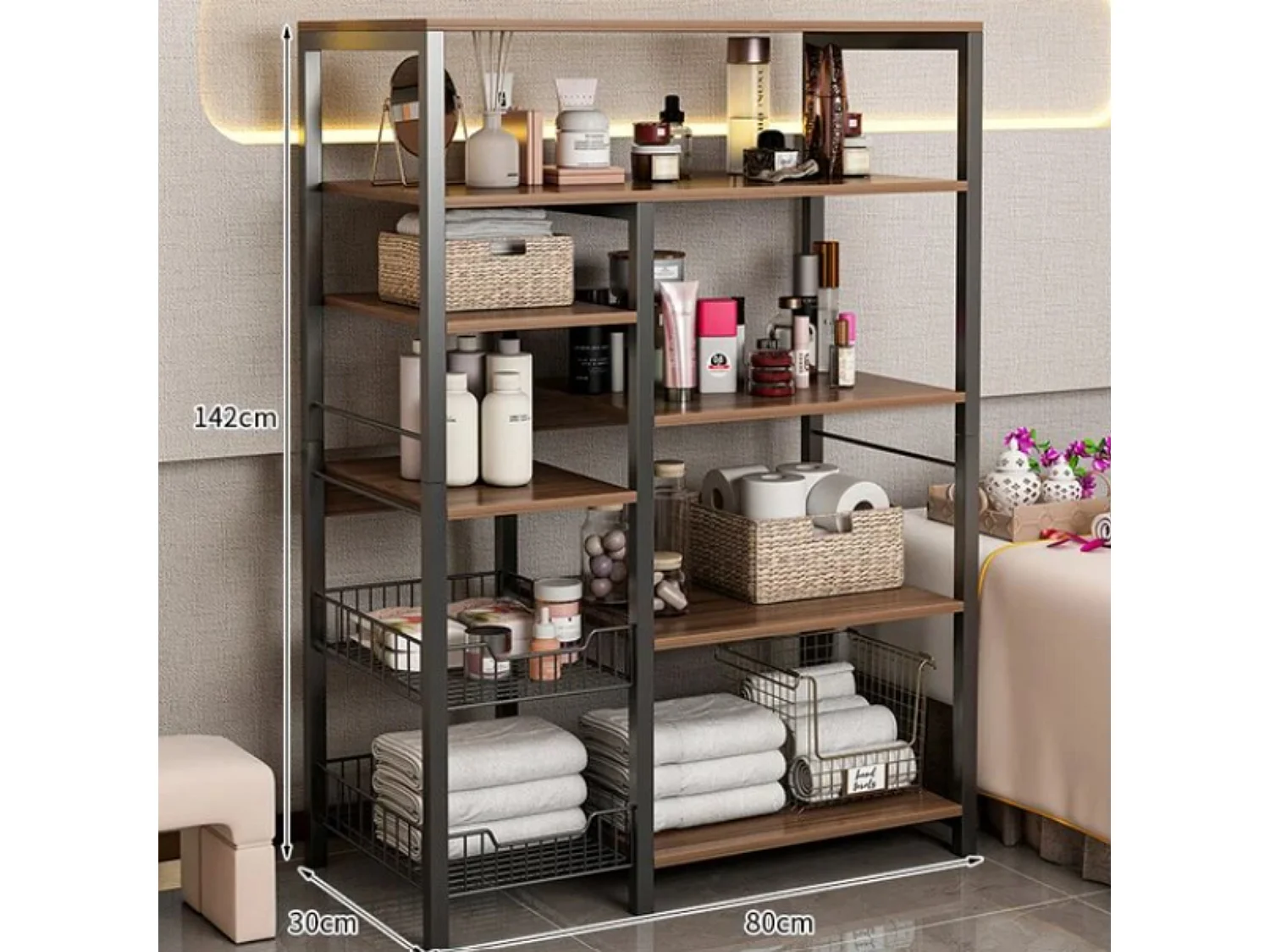 Estantería de Cocina, Estantería para Microondas, Estante Abierto de Pie 2 Mallas metálicas y múltiples Estantes 80x30x142cm, Color Blanco y Madera