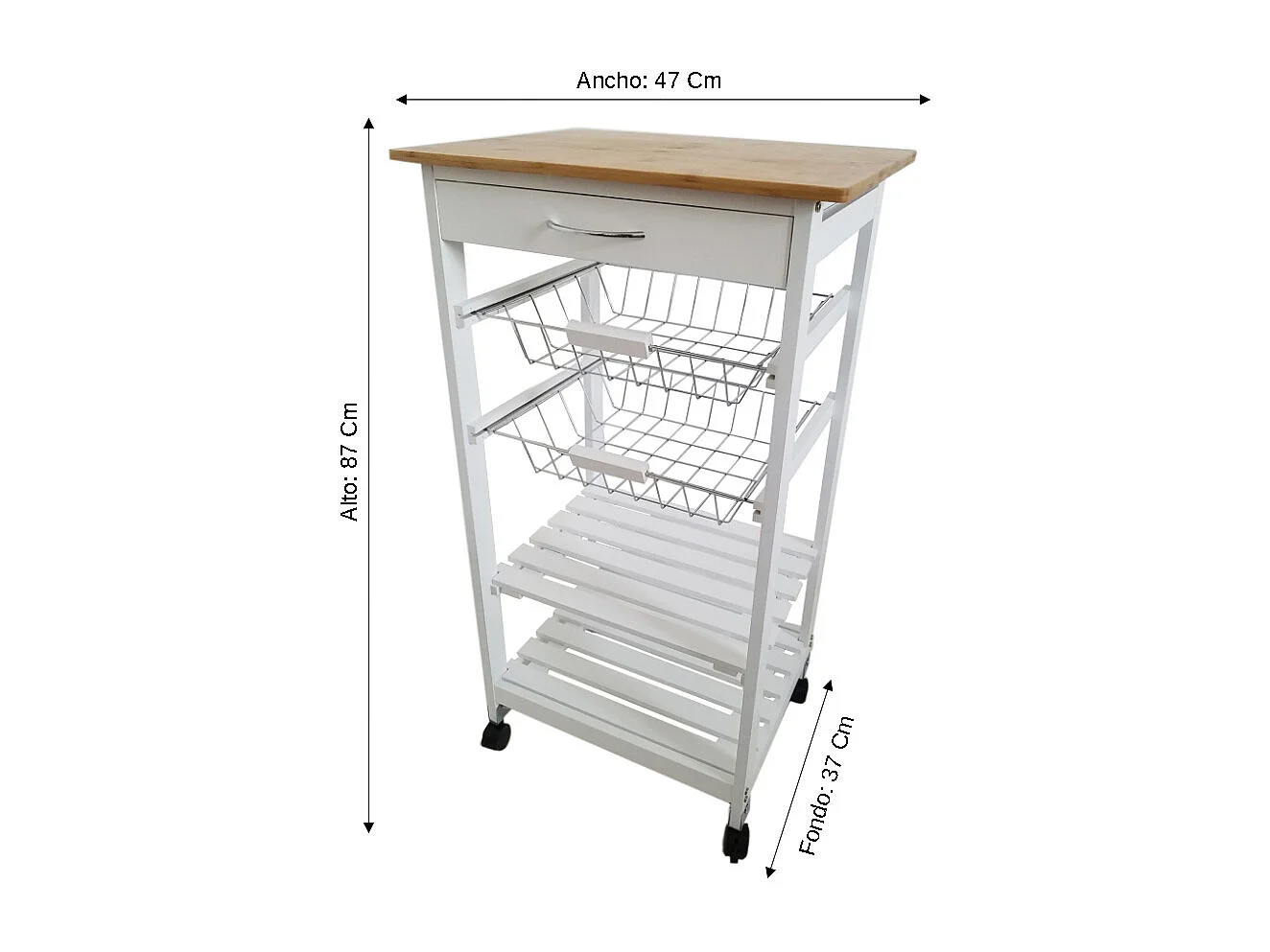 Meyvaser - Carro Verdulero frutero de Cocina Color Blanco-Miel 87x47x37, 2 cestas metálicas y 2 baldas