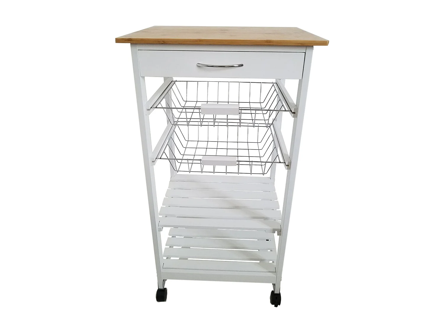 Meyvaser - Carro Verdulero frutero de Cocina Color Blanco-Miel 87x47x37, 2 cestas metálicas y 2 baldas