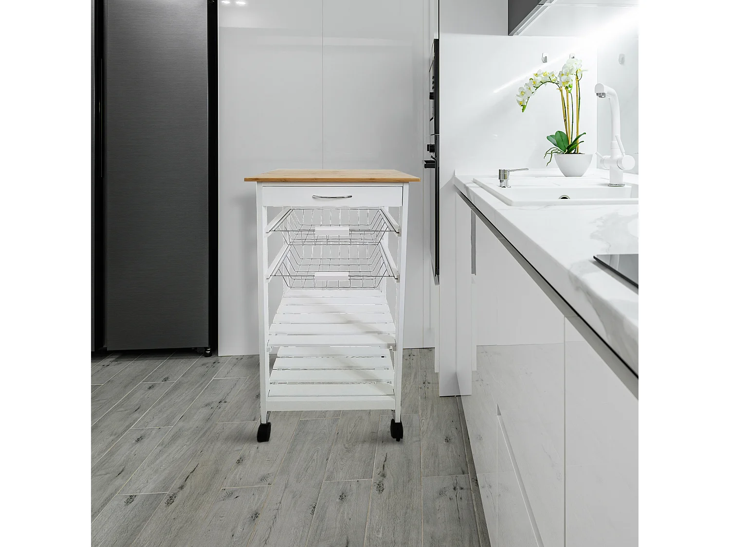 Meyvaser - Carro Verdulero frutero de Cocina Color Blanco-Miel 87x47x37, 2 cestas metálicas y 2 baldas