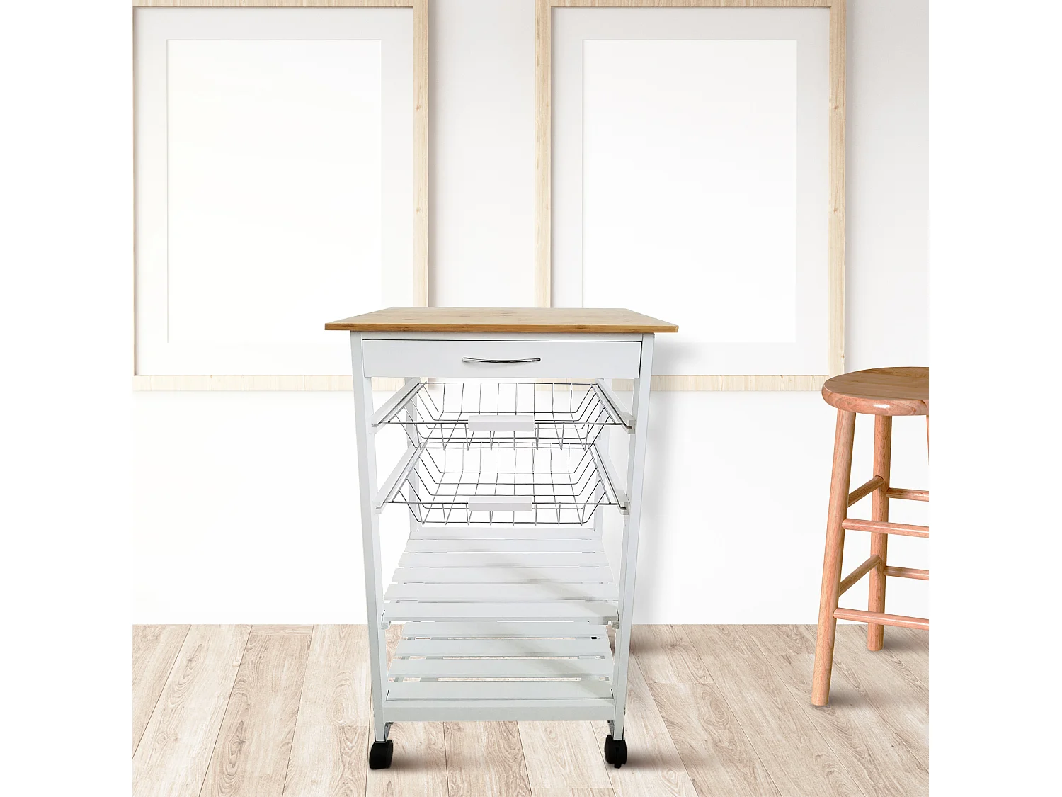 Meyvaser - Carro Verdulero frutero de Cocina Color Blanco-Miel 87x47x37, 2 cestas metálicas y 2 baldas