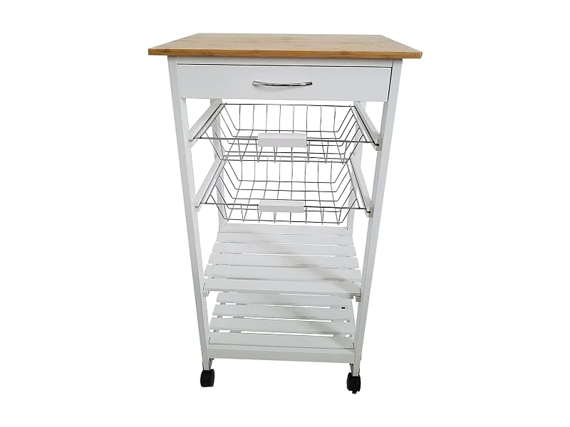 Meyvaser - Carro Verdulero frutero de Cocina Color Blanco-Miel 87x47x37, 2 cestas metálicas y 2 baldas