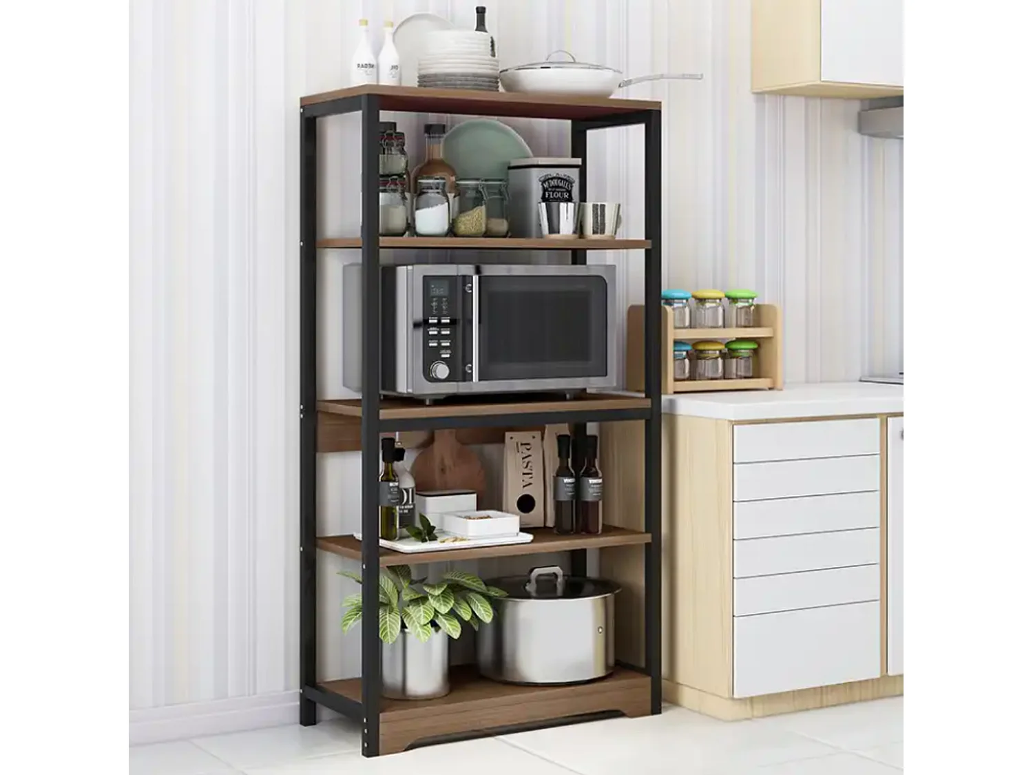 Meyvaser Estantería de Cocina Con Marco de Metal Negro, Estante Industrial para microondas 60x30x126 cm